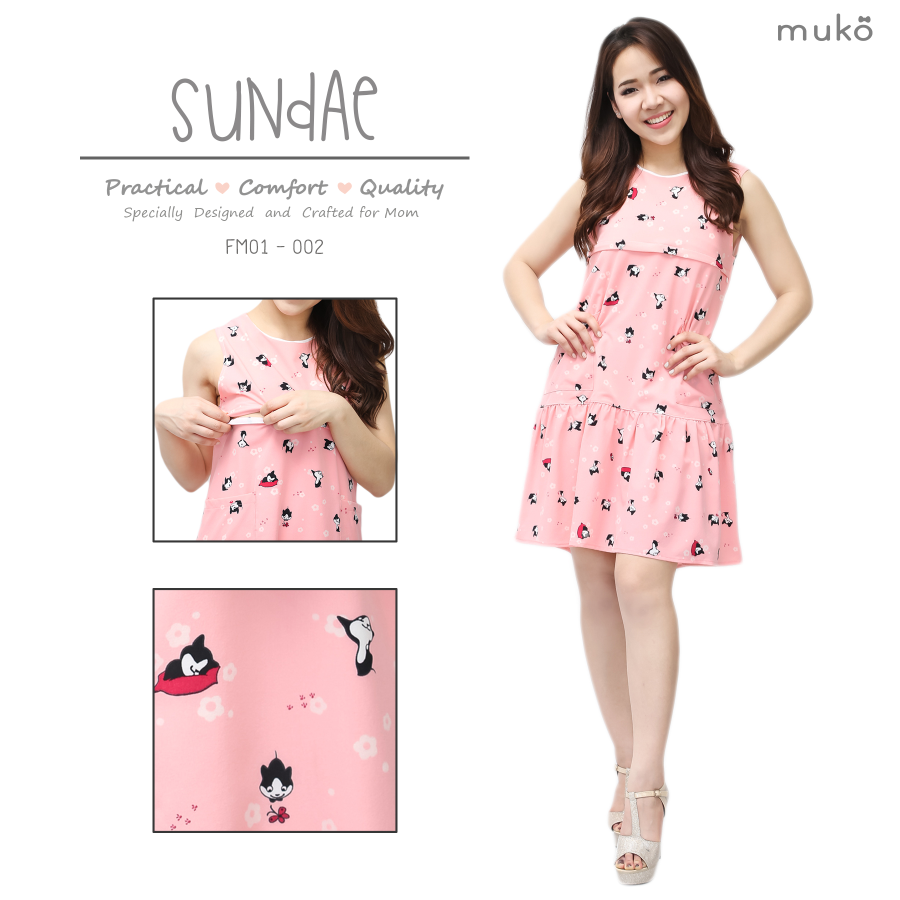 Muko Sundae เดรสเปิดให้นม คลุมท้อง FM01-005L ชมพูแมว