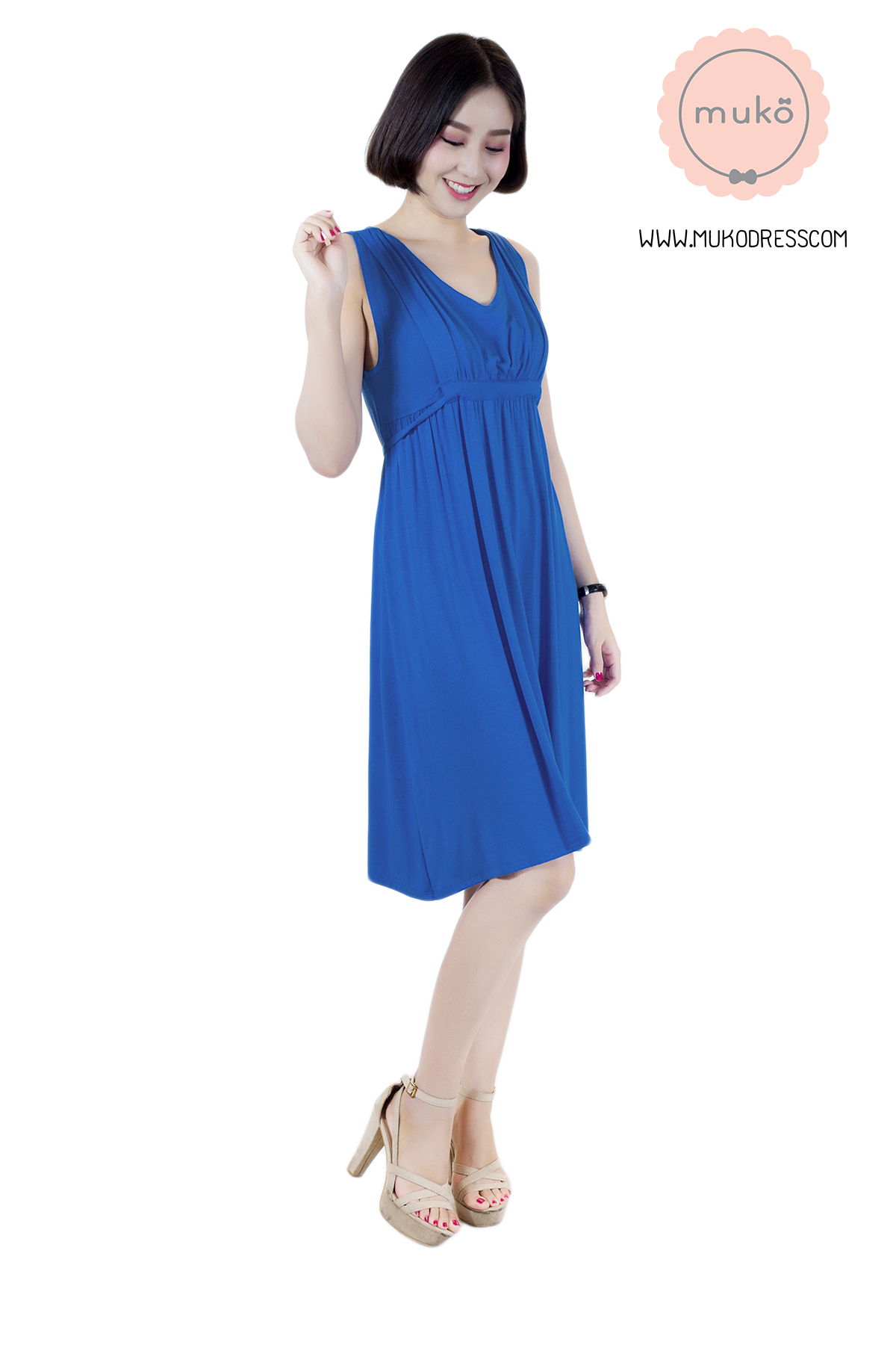 Muko Little Brownie (ชุดยาว 36”) เดรสให้นม คลุมท้อง DR07-014 สีน้ำเงิน