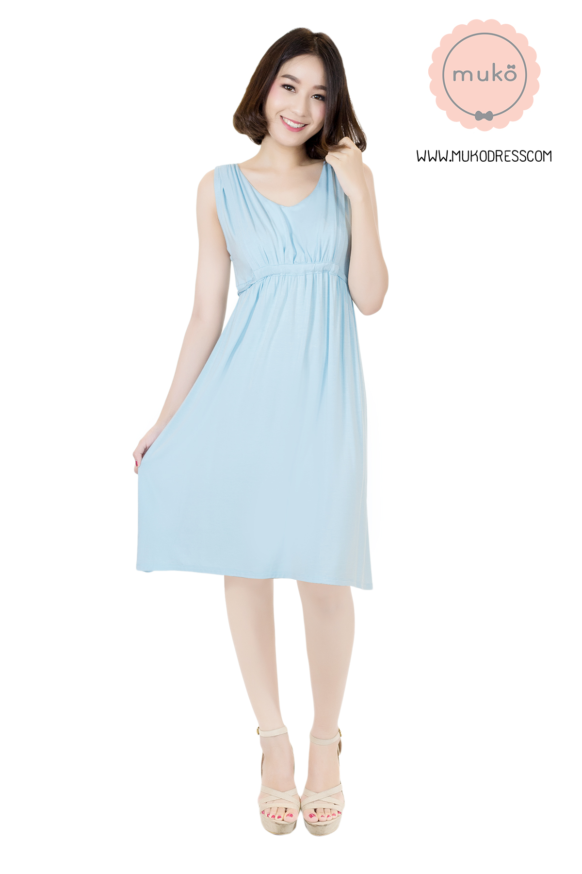 Muko Little Brownie (ชุดยาว 36”) เดรสให้นม คลุมท้อง DR07-015 ฟ้า