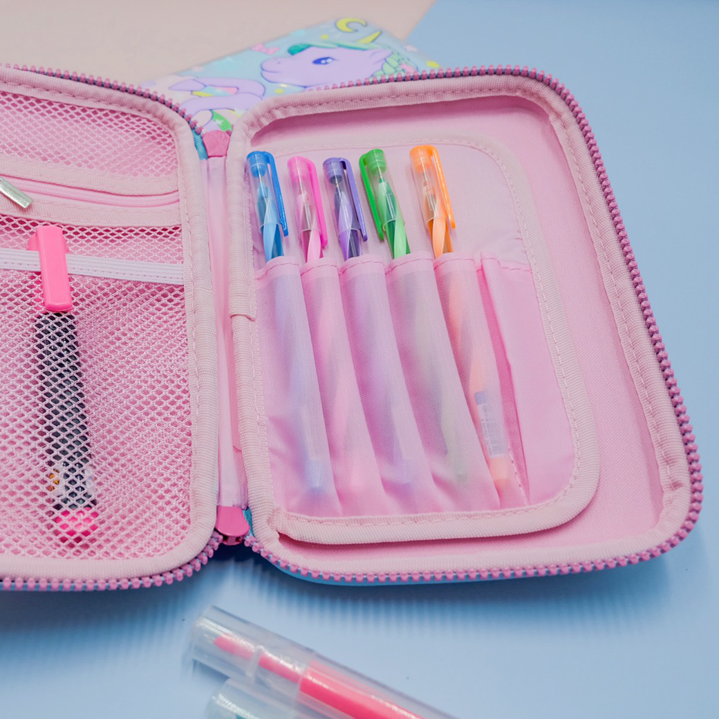 กล่องดินสอกลิตเตอร์ ปั้มนูน ลาย Unicorn CA01-002 สีฟ้า