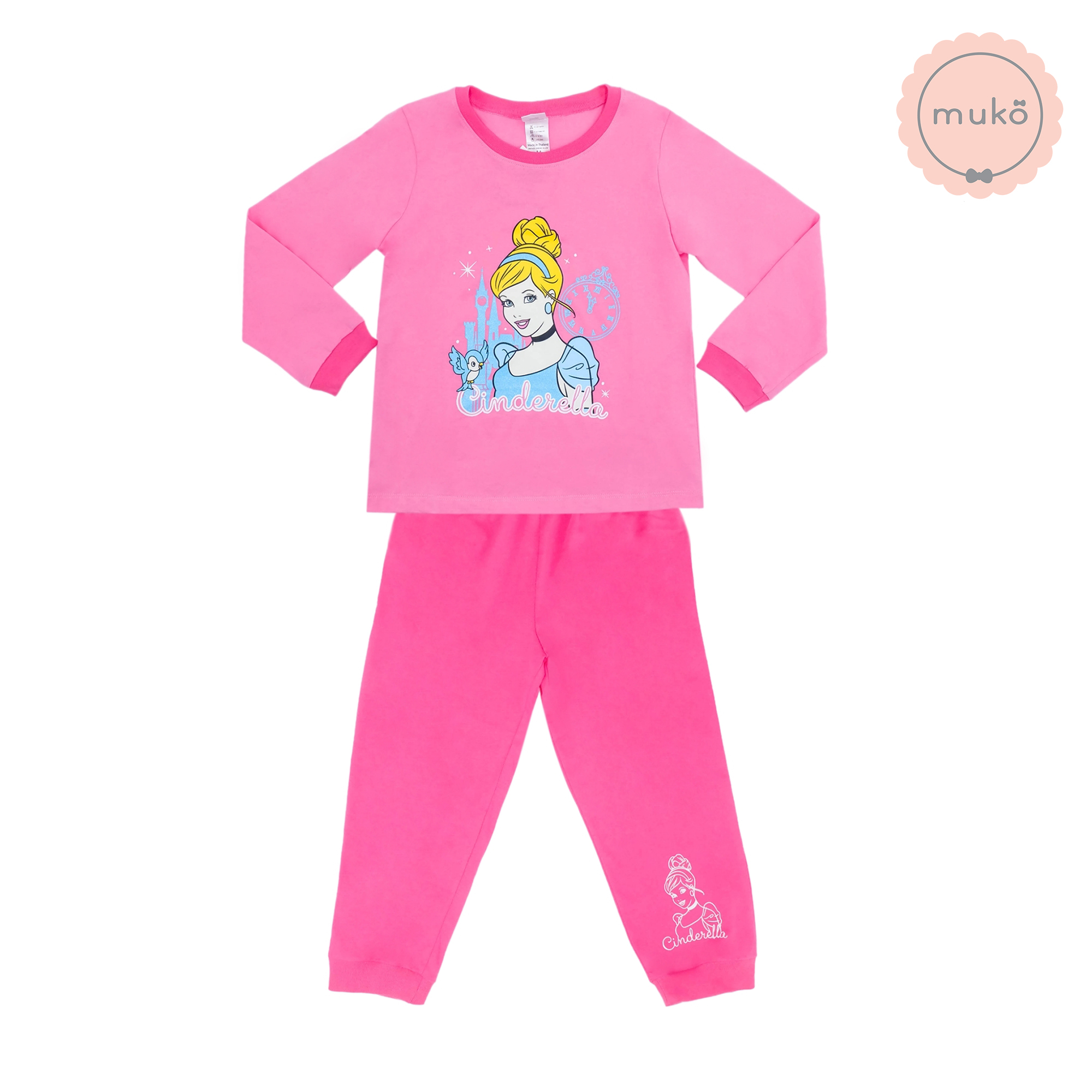 ชุดเด็ก 5-6 ขวบ แขนยาว-ขายาว (Size M) DPC127-05-XL-Pink M ลาย เจ้าหญิงซินเดอเรลล่า Cinderella สีชมพู (เจ้าหญิงและนกน้อย)