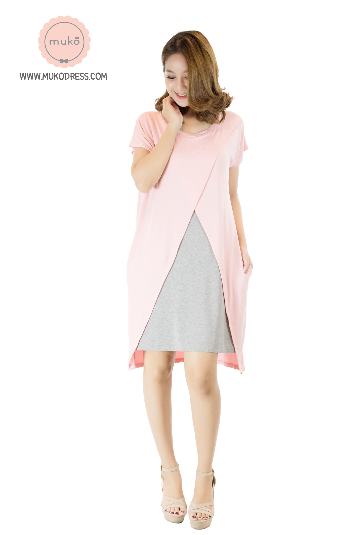 Muko ButterCup   ชุดให้นม คลุมท้อง  DR16-004 ชมพู-เทาอ่อน