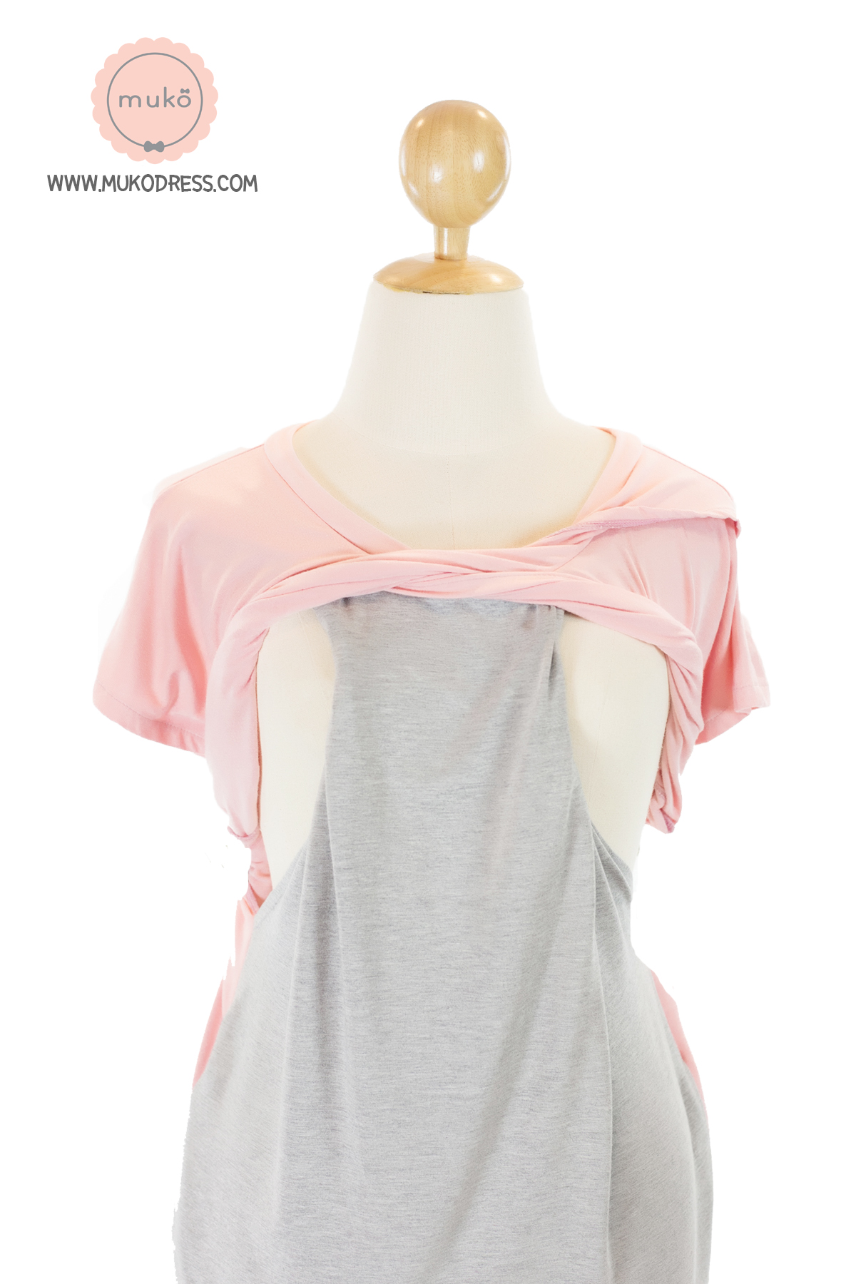 Muko ButterCup   ชุดให้นม คลุมท้อง  DR16-004 ชมพู-เทาอ่อน