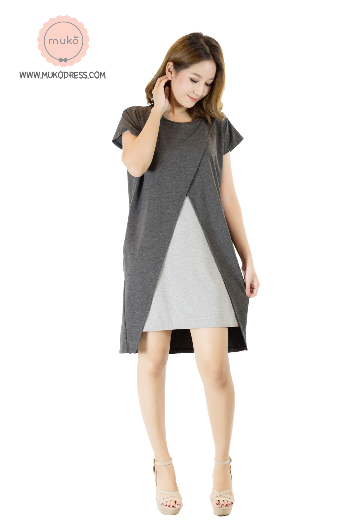 Muko ButterCup ชุดให้นม คลุมท้อง DR16-005 เทาเข้ม-เทาอ่อน