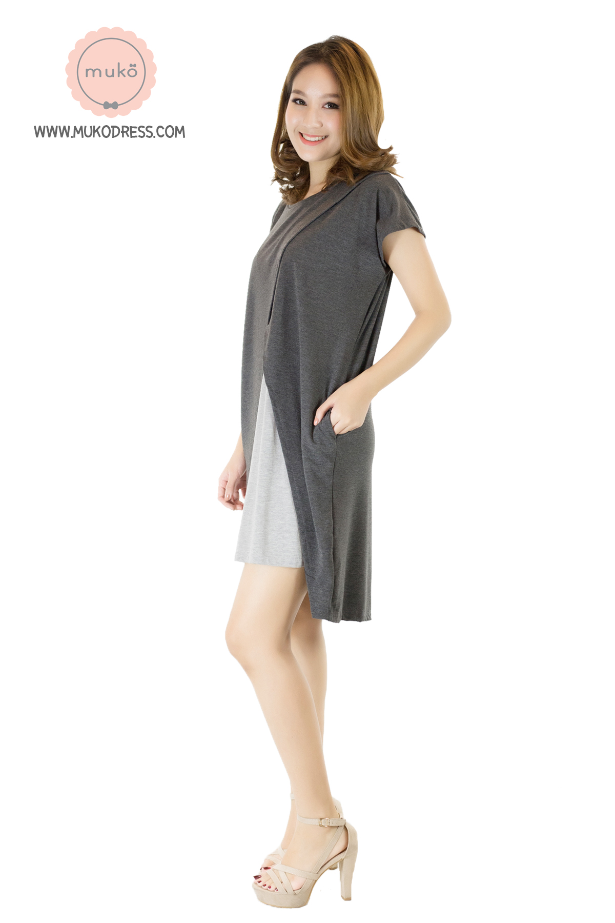 Muko ButterCup ชุดให้นม คลุมท้อง DR16-005 เทาเข้ม-เทาอ่อน