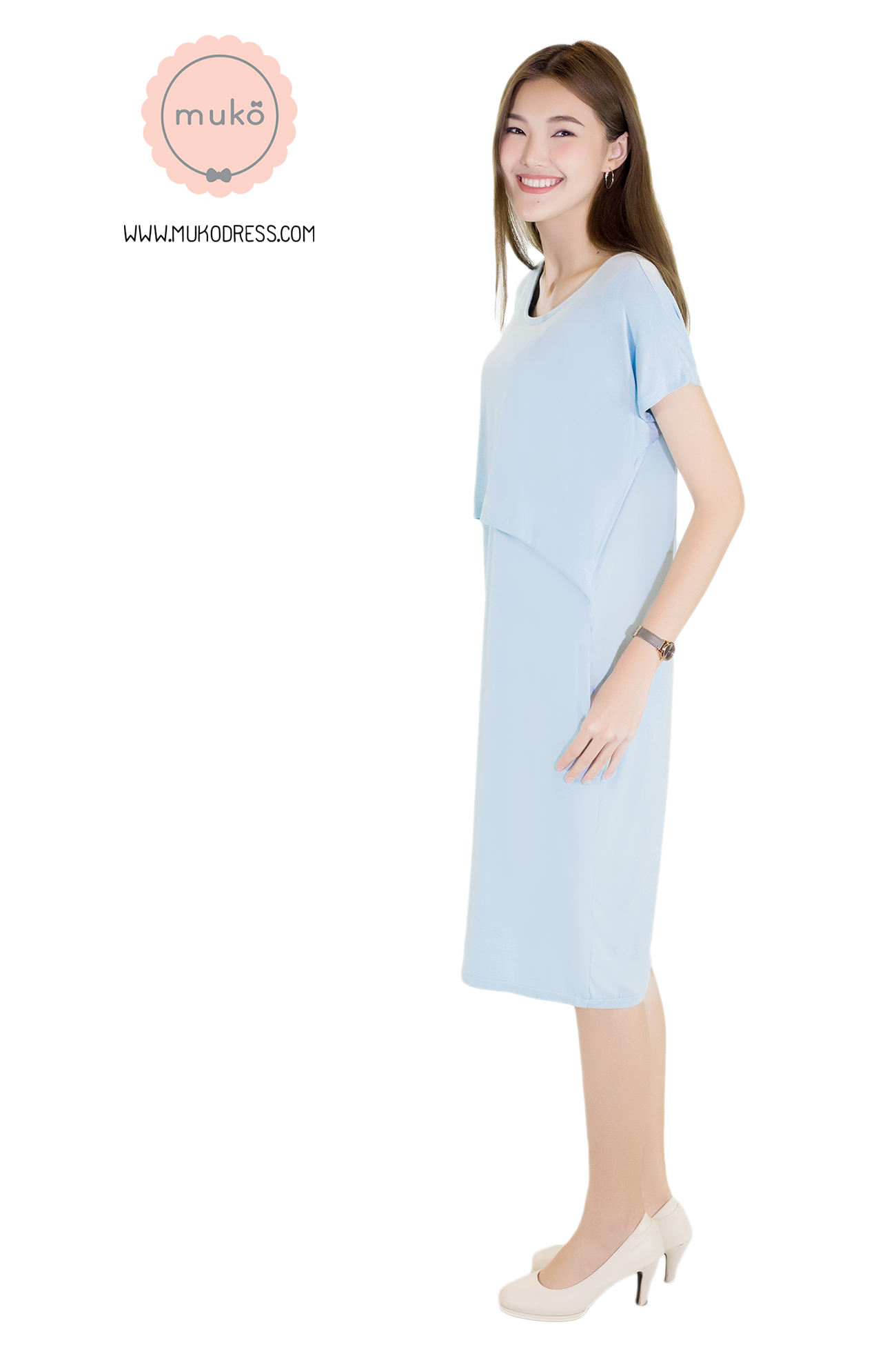 Muko Lady Jane เดรสเปิดให้นม คลุมท้อง DR08-015 ฟ้านม
