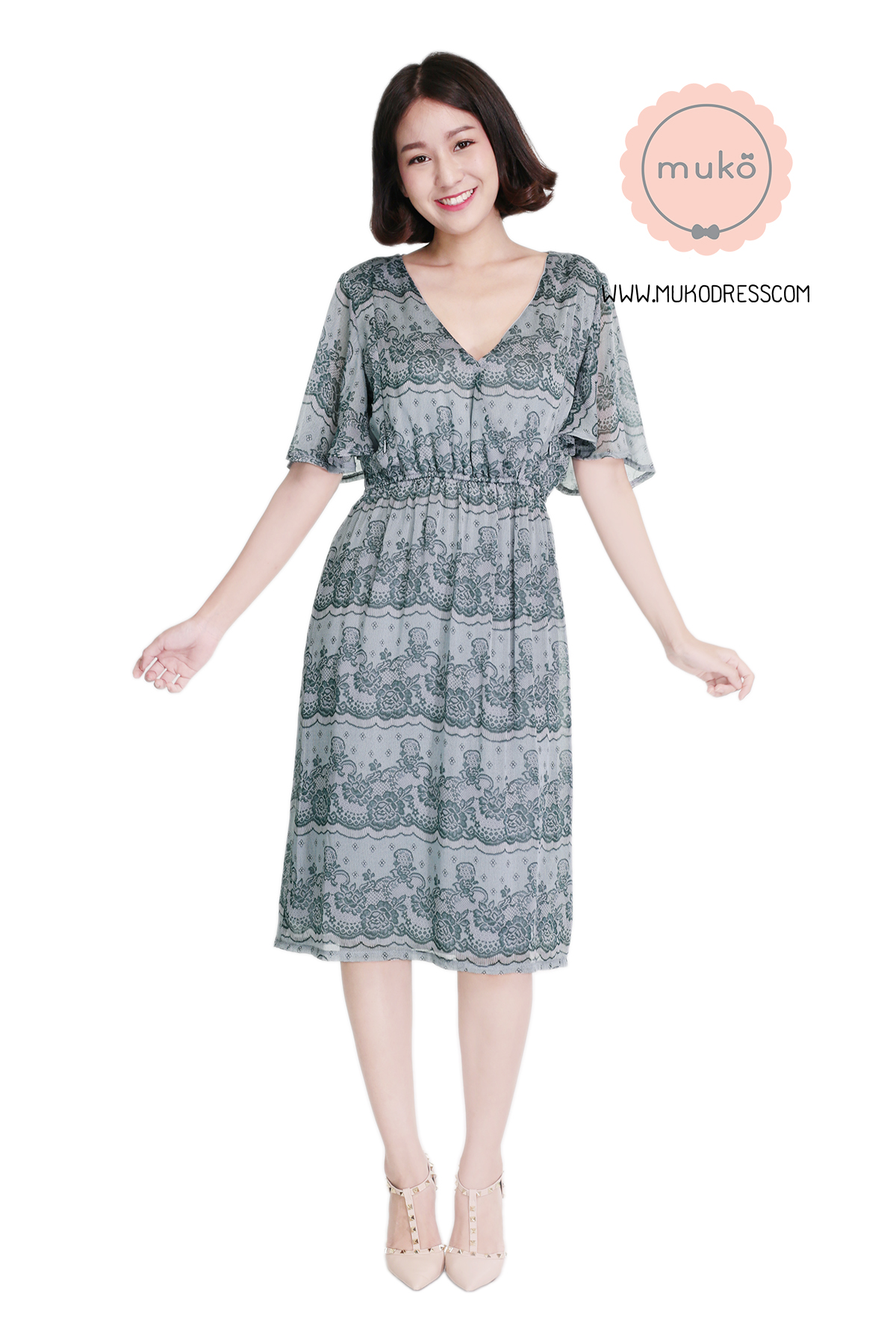 Muko Jaycee เดรสให้นม คลุมท้อง DZ24-004 ลายลูกไม้เขียว