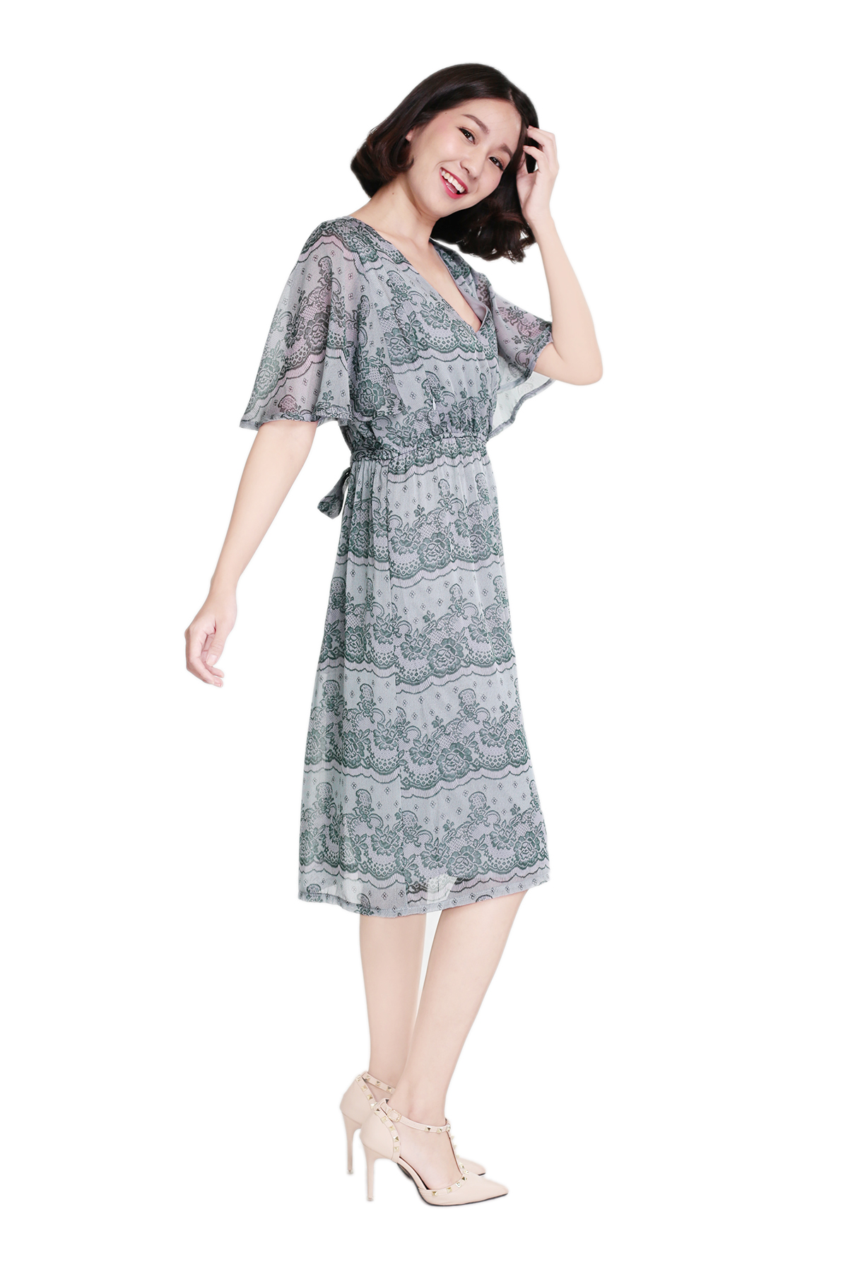 Muko Jaycee เดรสให้นม คลุมท้อง DZ24-004 ลายลูกไม้เขียว