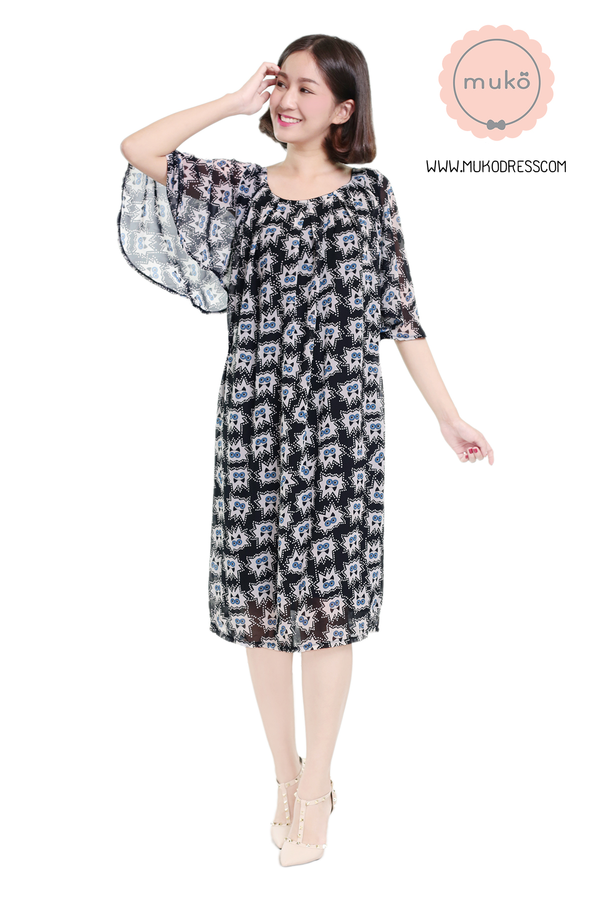 Muko Casey เดรสให้นม คลุมท้อง DZ25-001 ดำลายตาฟ้า