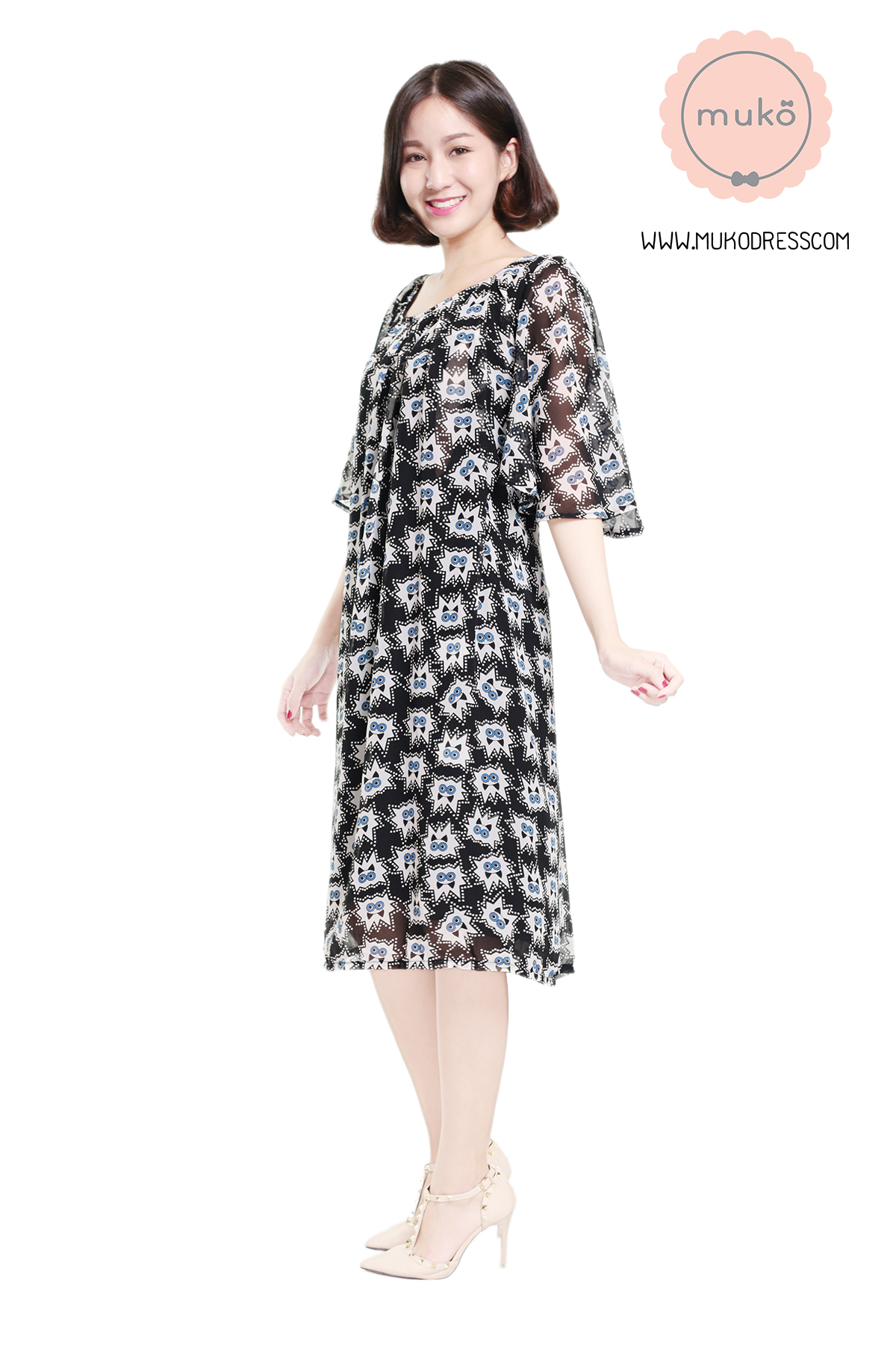 Muko Casey เดรสให้นม คลุมท้อง DZ25-001 ดำลายตาฟ้า