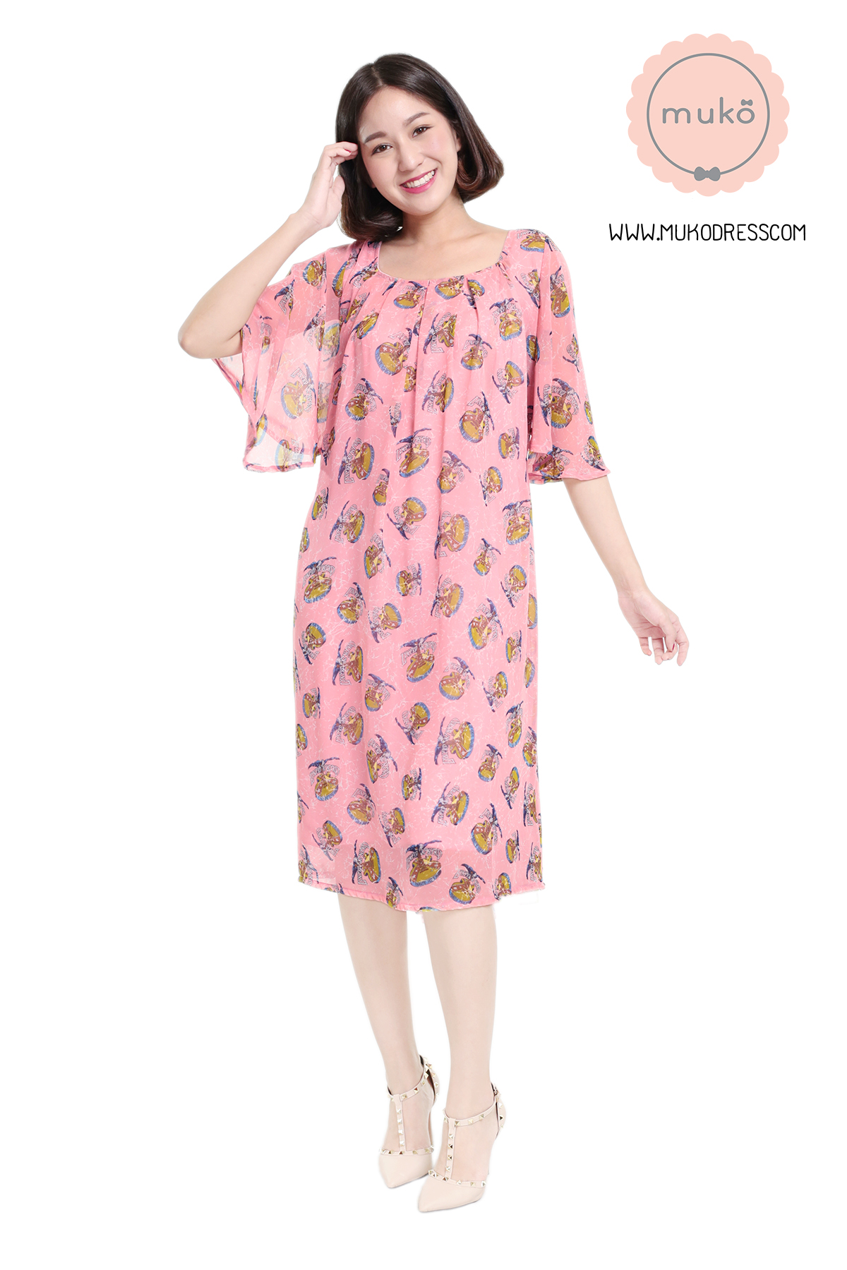 Muko Casey เดรสให้นม คลุมท้อง DZ25-007 ชมพูนก