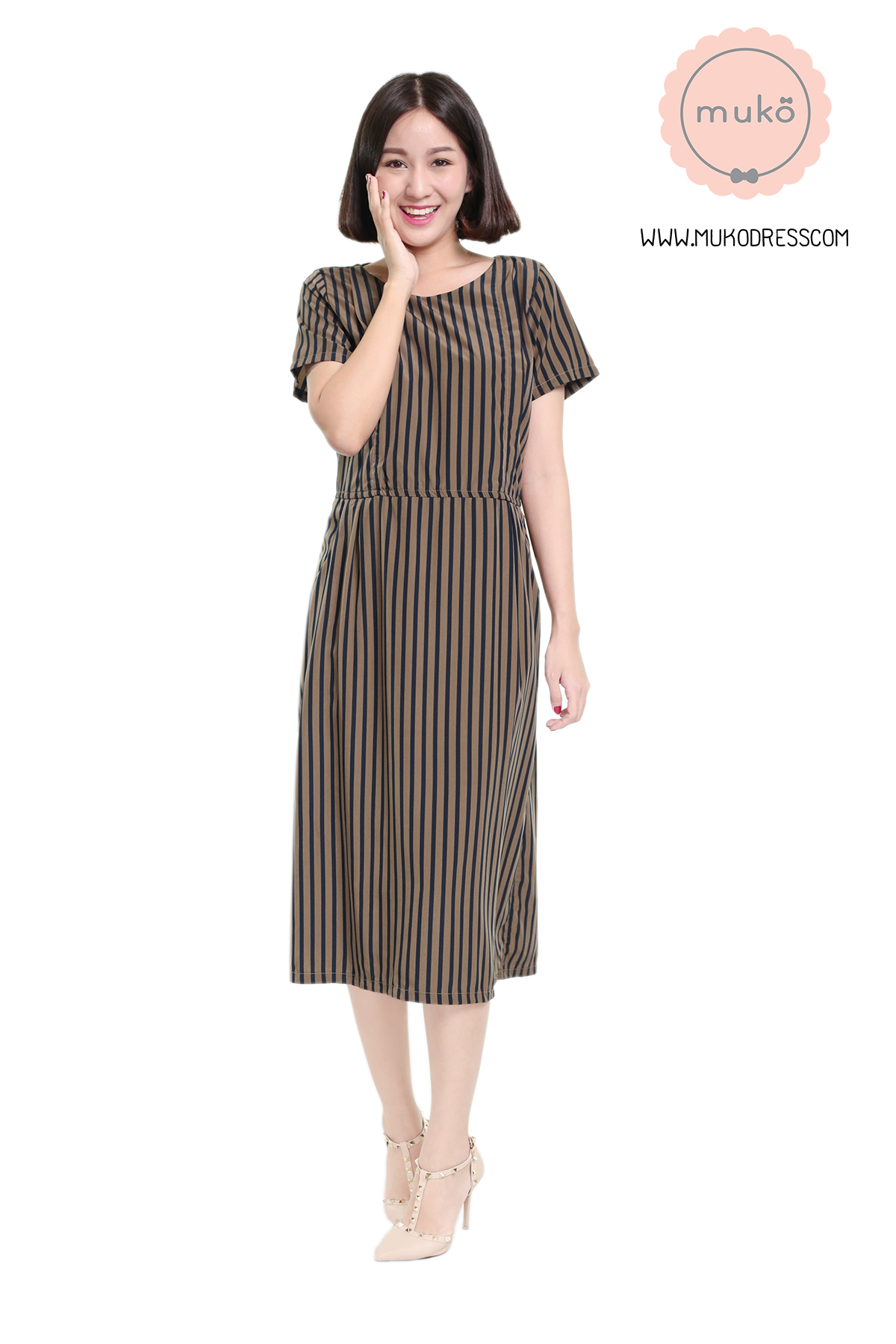 Muko PrimRose เดรสให้นม คลุมท้อง DZ12-025  น้ำตาลกรม