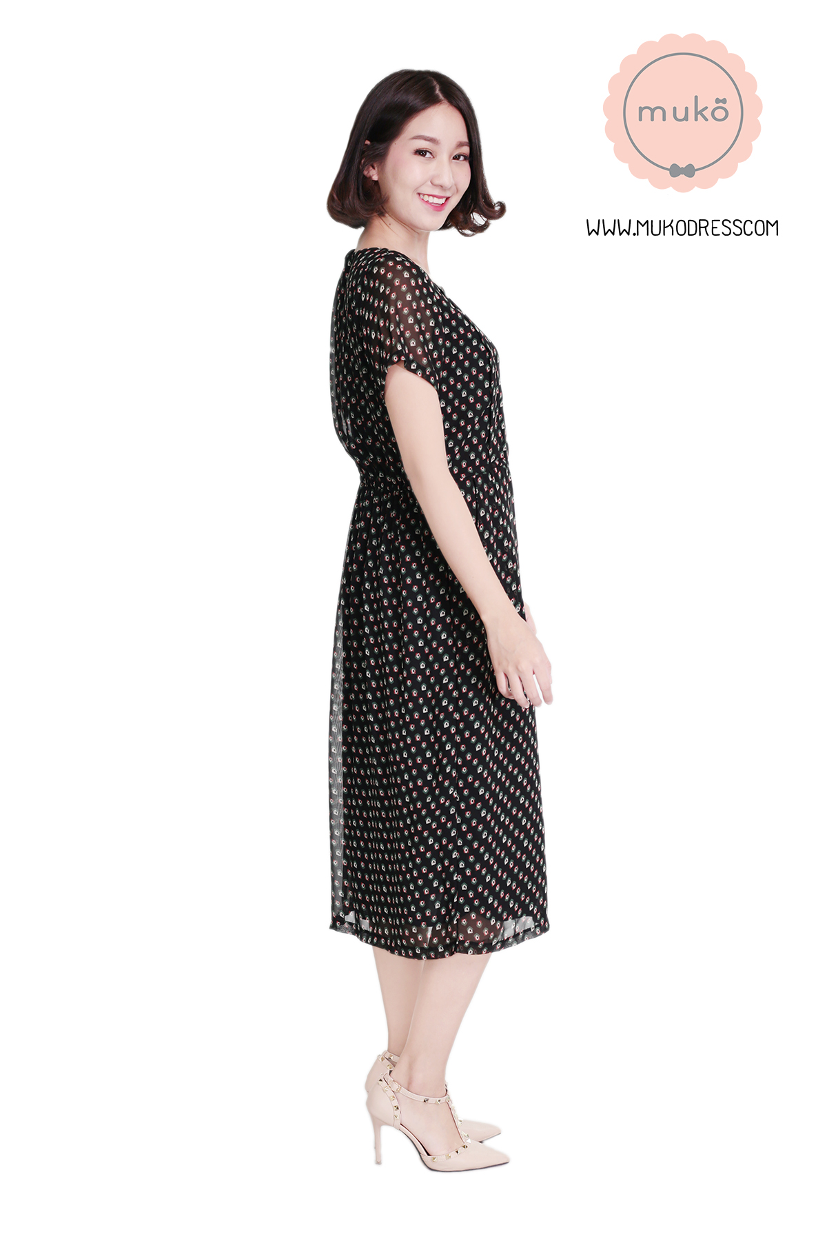 Muko PrimRose เดรสให้นม คลุมท้อง DZ12-033 ดำลายบ้าน