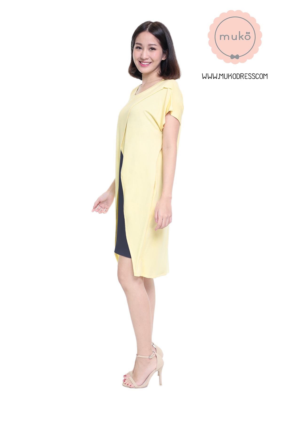 Muko ButterCup เดรสให้นม คลุมท้อง DR16-023 เหลือง-เทาเงา