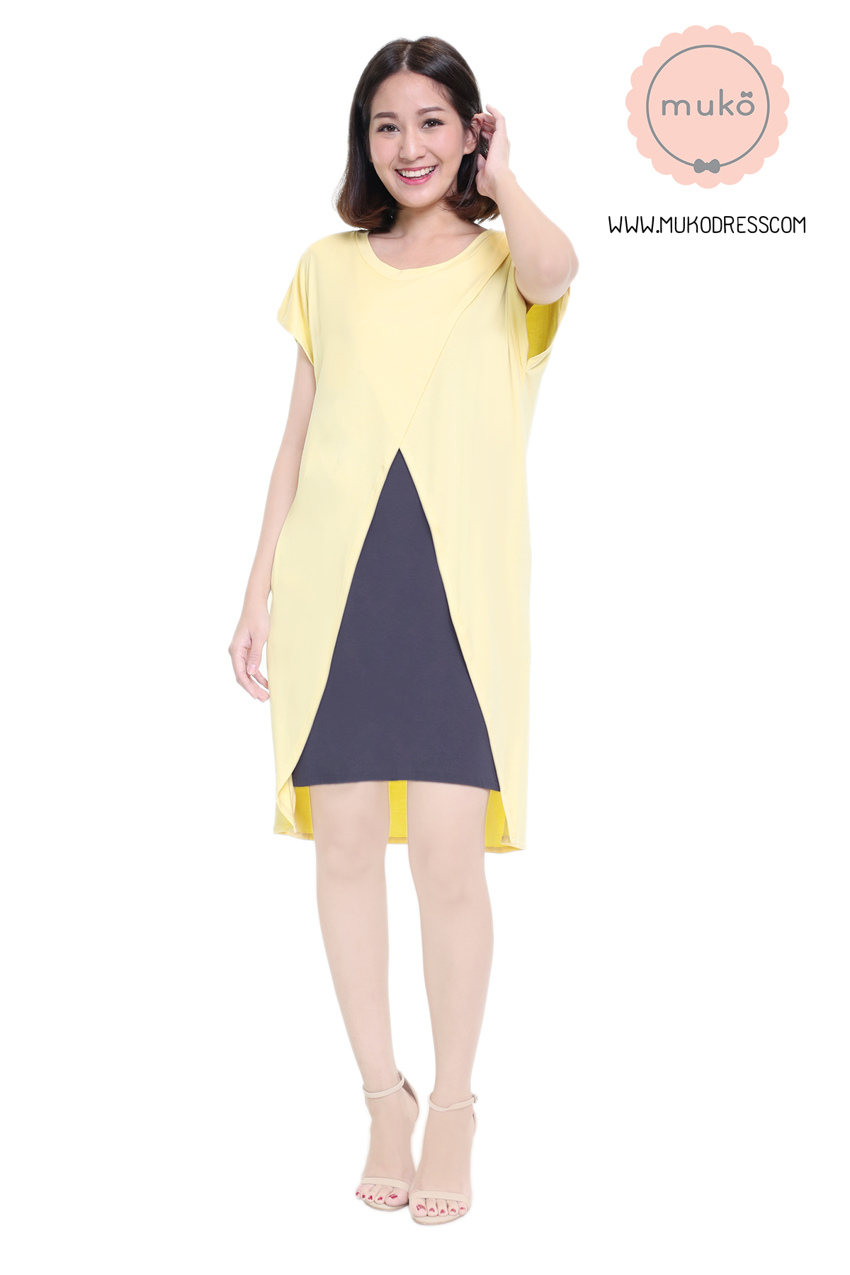 Muko ButterCup เดรสให้นม คลุมท้อง DR16-023 เหลือง-เทาเงา