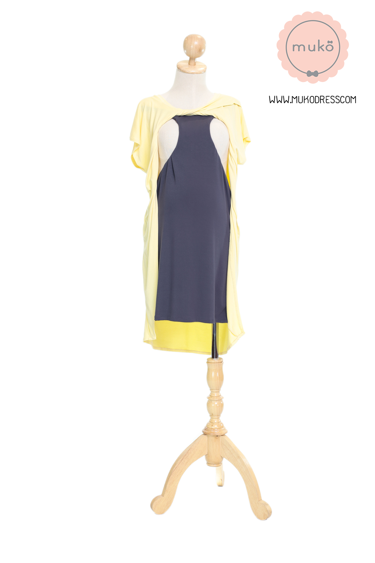Muko ButterCup เดรสให้นม คลุมท้อง DR16-023 เหลือง-เทาเงา