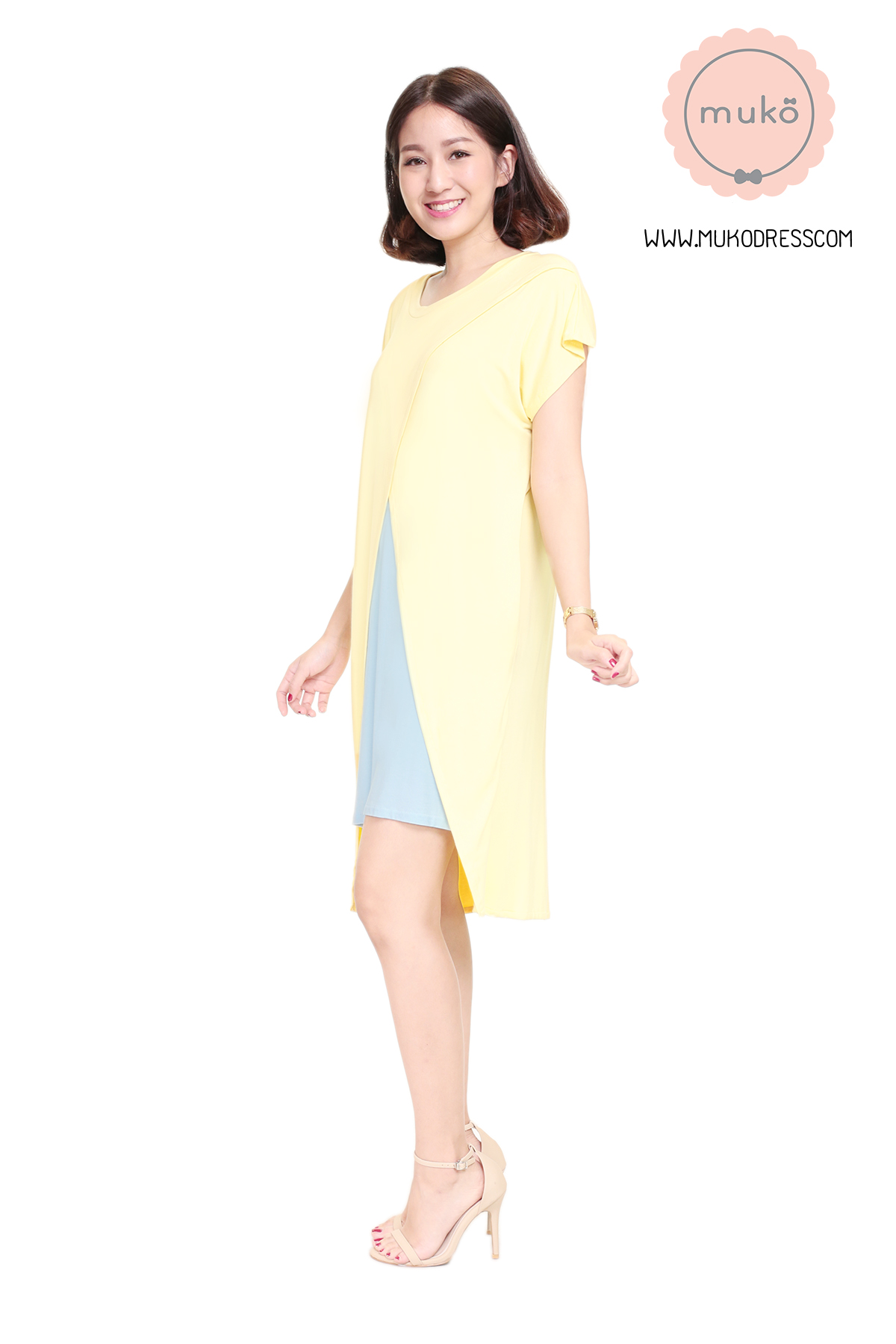 Muko ButterCup เดรสให้นม คลุมท้อง DR16-025 เหลือง-ฟ้า
