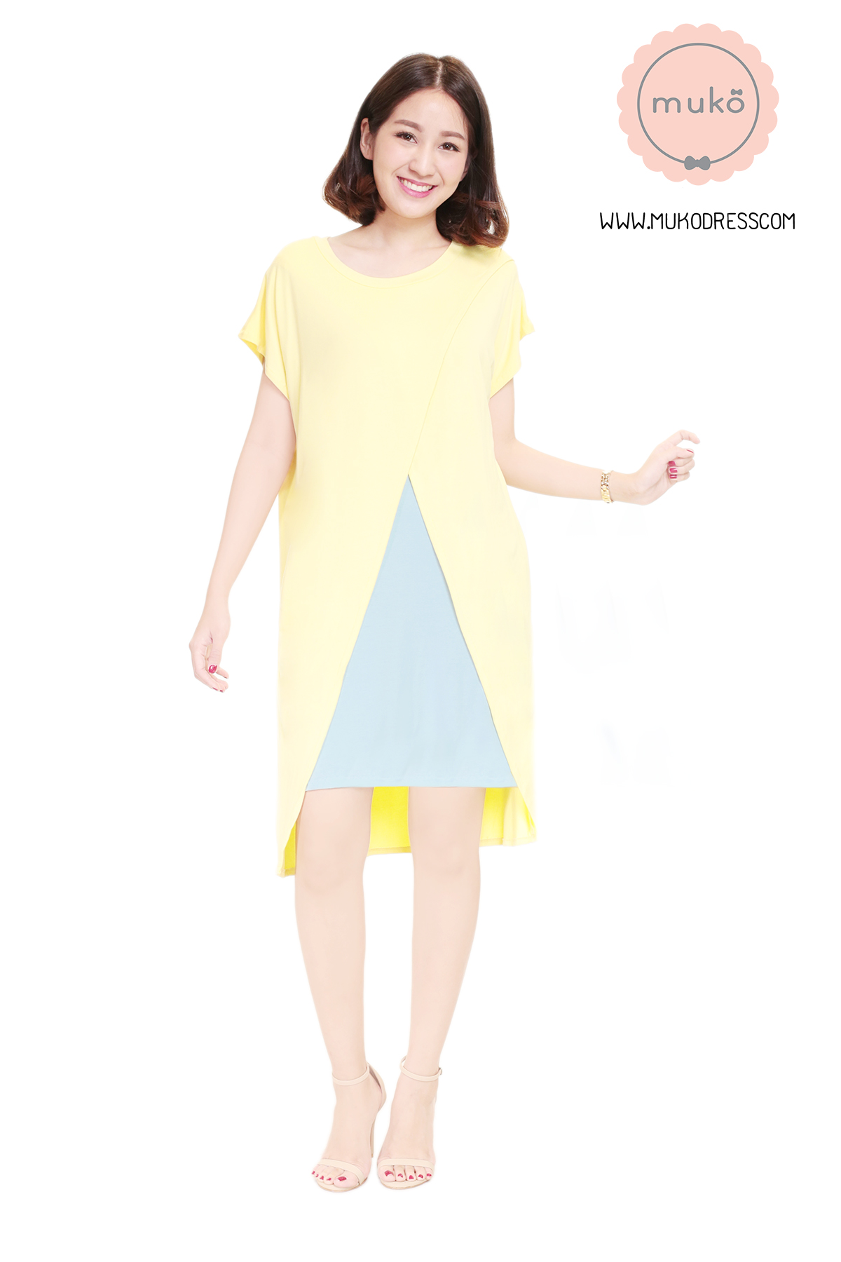 Muko ButterCup เดรสให้นม คลุมท้อง DR16-025 เหลือง-ฟ้า