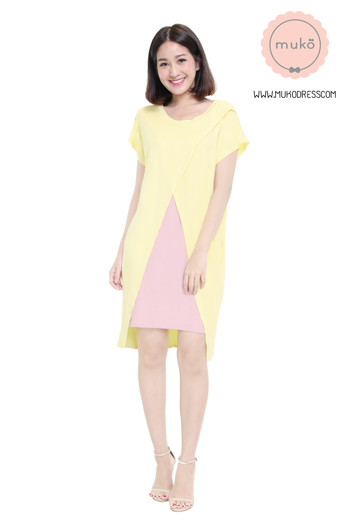 Muko ButterCup เดรสให้นม คลุมท้อง DR16-027 เหลือง-นู๊ด
