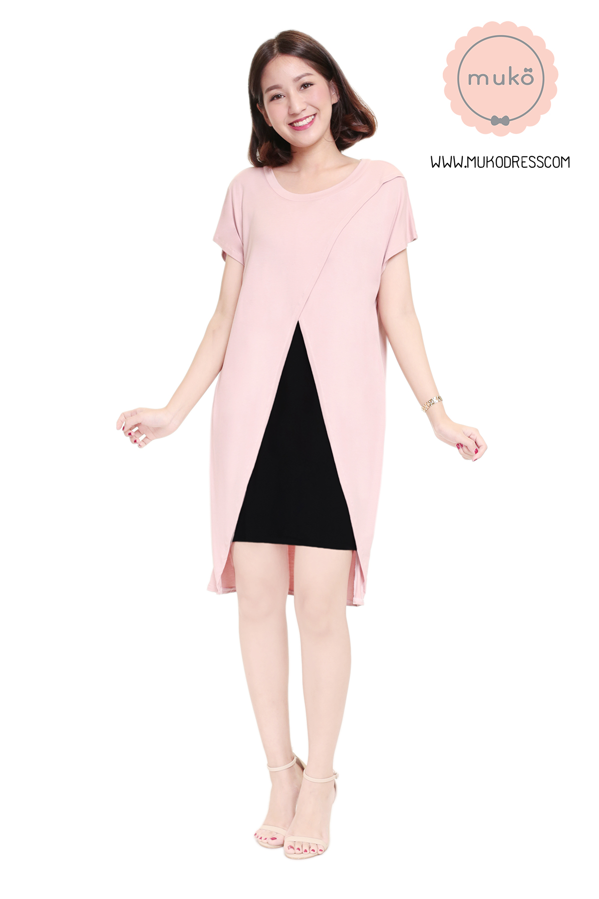 Muko ButterCup เดรสให้นม คลุมท้อง DR16-028 นู๊ด-ดำ