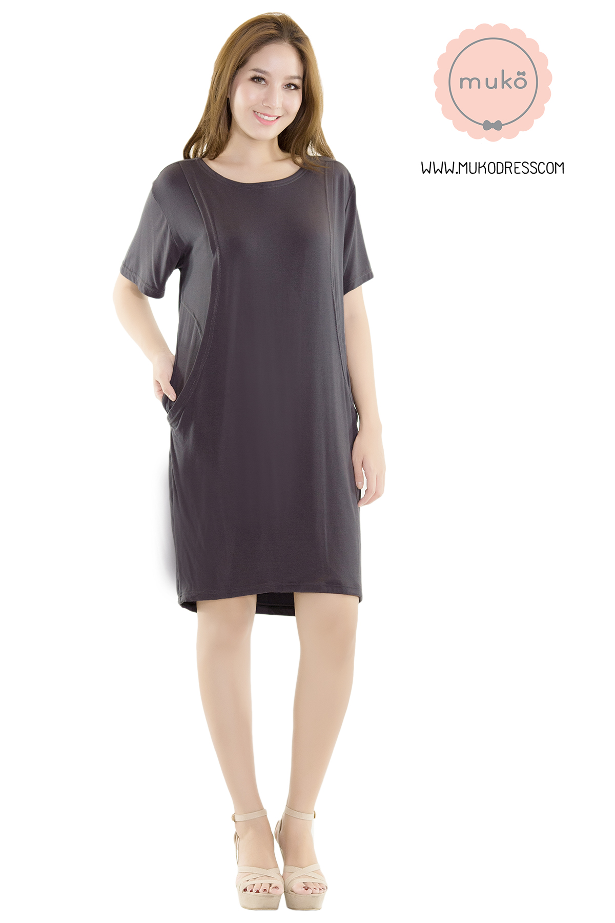 Muko Shilin เดรสให้นม คลุมท้อง DR12-003 เทาเงา