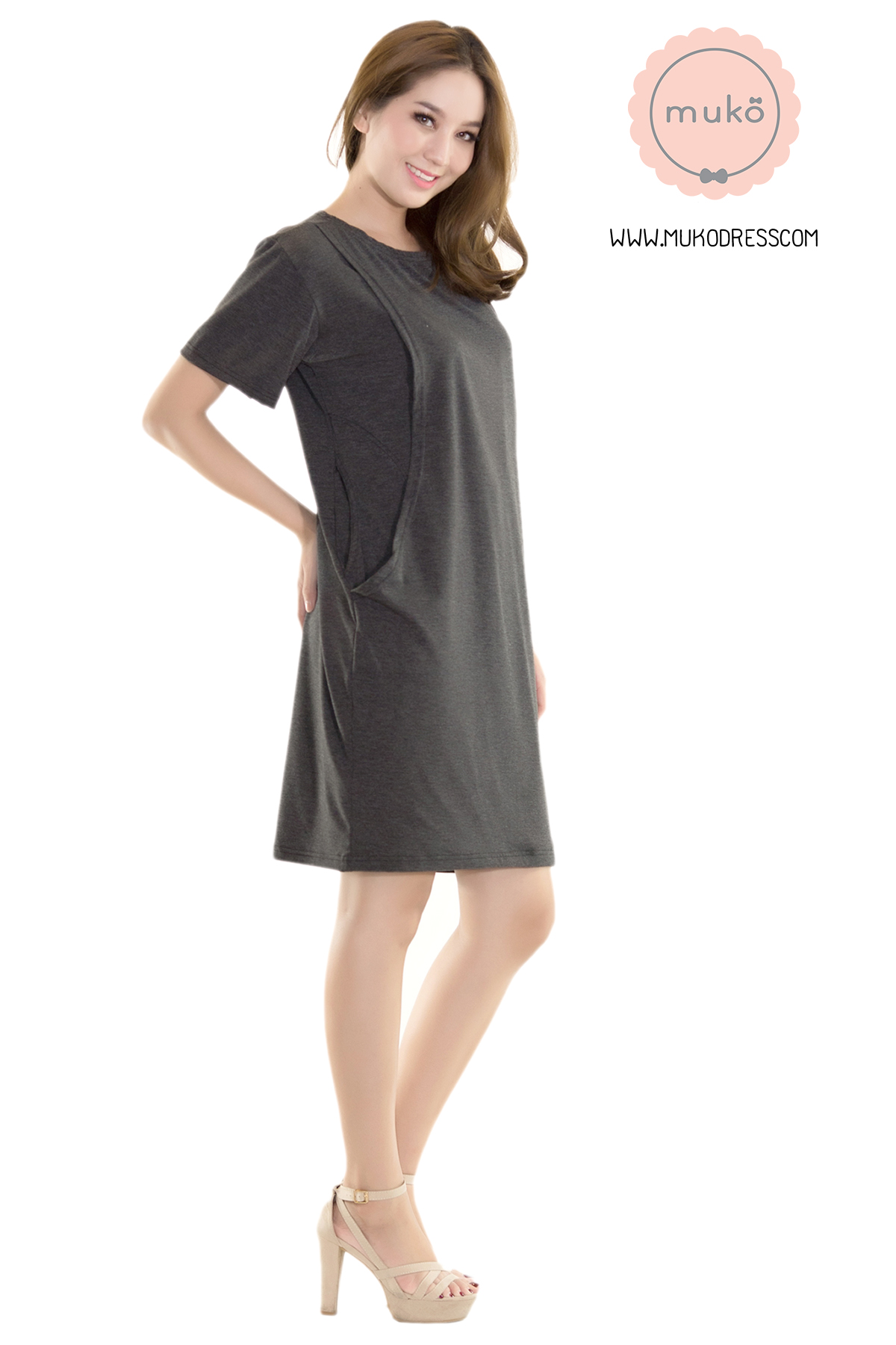 Muko Shilin เดรสให้นม คลุมท้อง DR12-004 เทาเข้ม