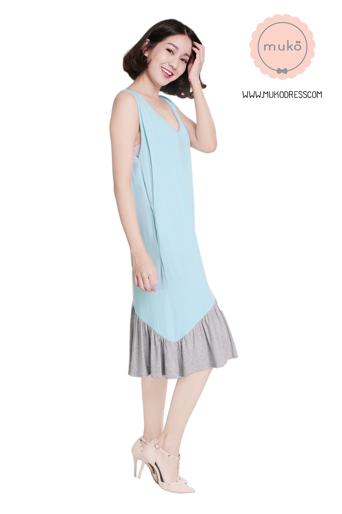 Muko Myla เดรสให้นม คลุมท้อง DR23-004 ฟ้า-เทาอ่อน