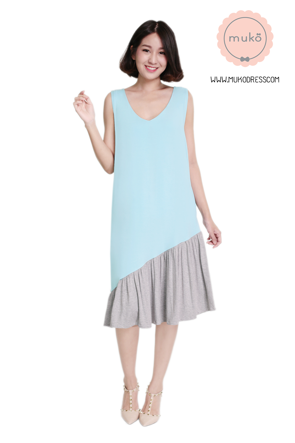 Muko Myla เดรสให้นม คลุมท้อง DR23-004 ฟ้า-เทาอ่อน