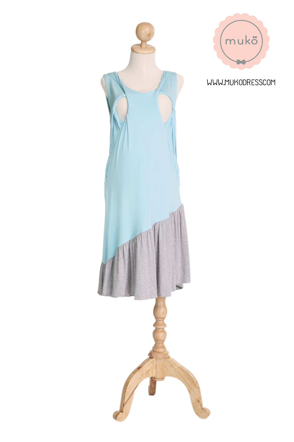 Muko Myla เดรสให้นม คลุมท้อง DR23-004 ฟ้า-เทาอ่อน