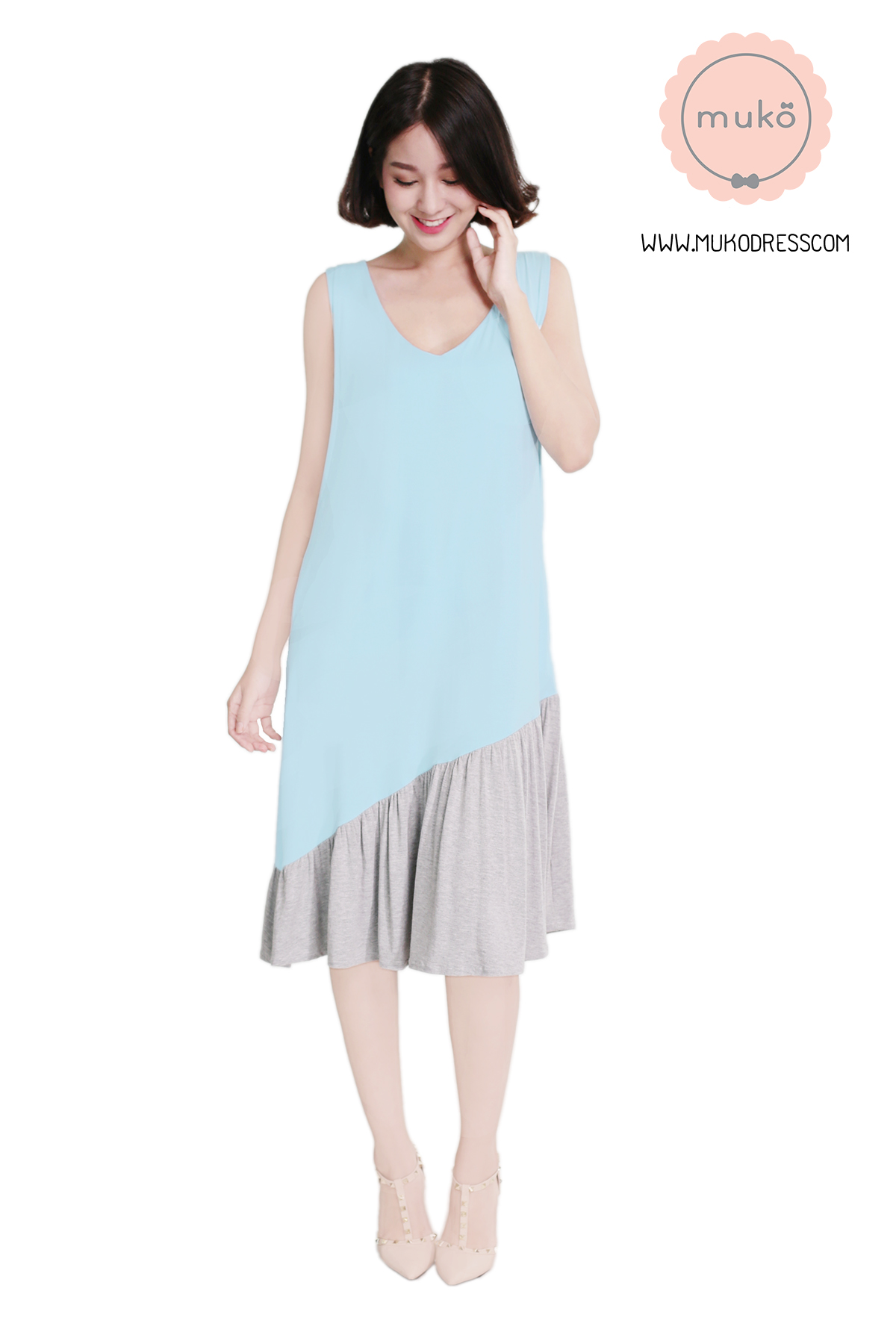Muko Myla เดรสให้นม คลุมท้อง DR23-004 ฟ้า-เทาอ่อน
