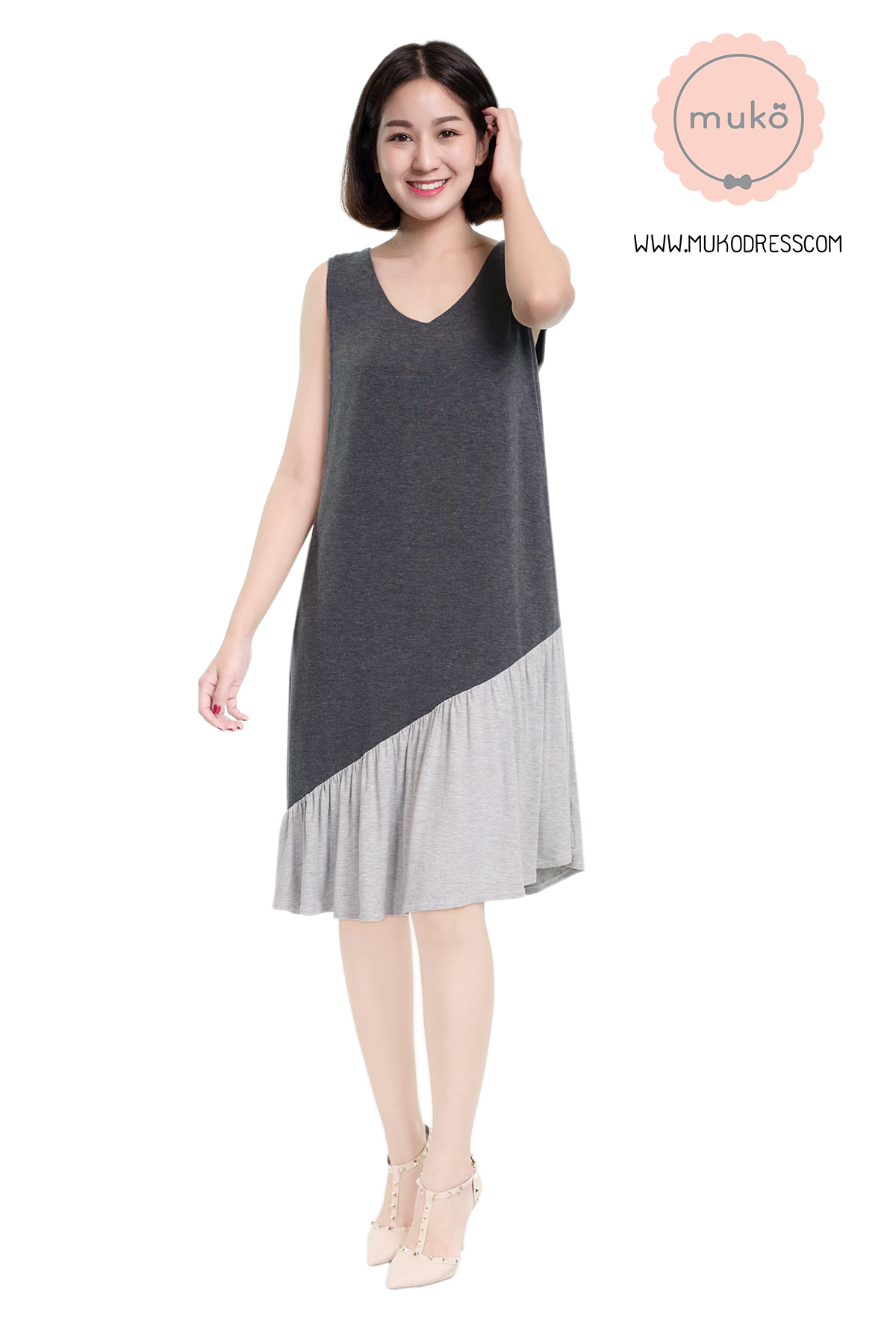 Muko Myla เดรสให้นม คลุมท้อง DR23-012 เทาเข้ม-เทาอ่อน