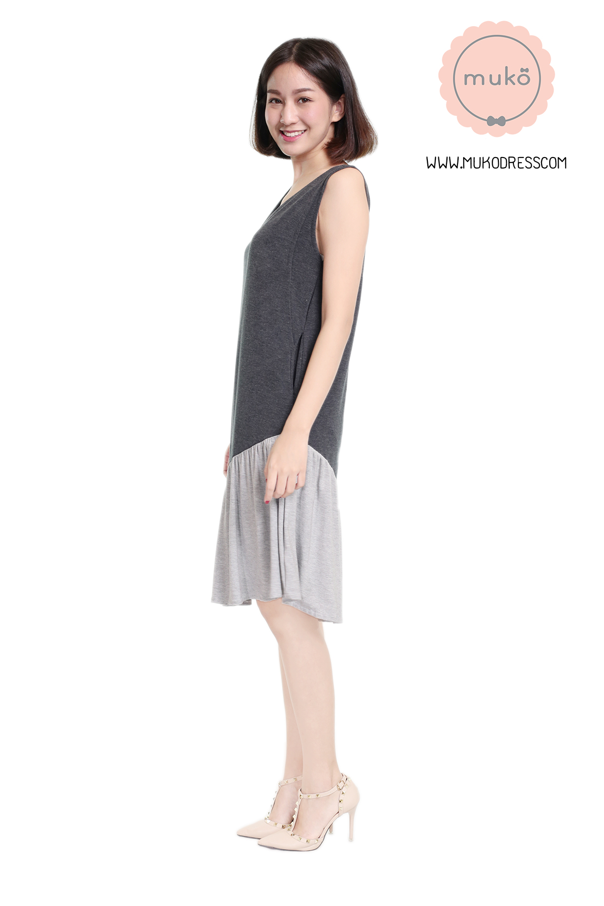 Muko Myla เดรสให้นม คลุมท้อง DR23-012 เทาเข้ม-เทาอ่อน