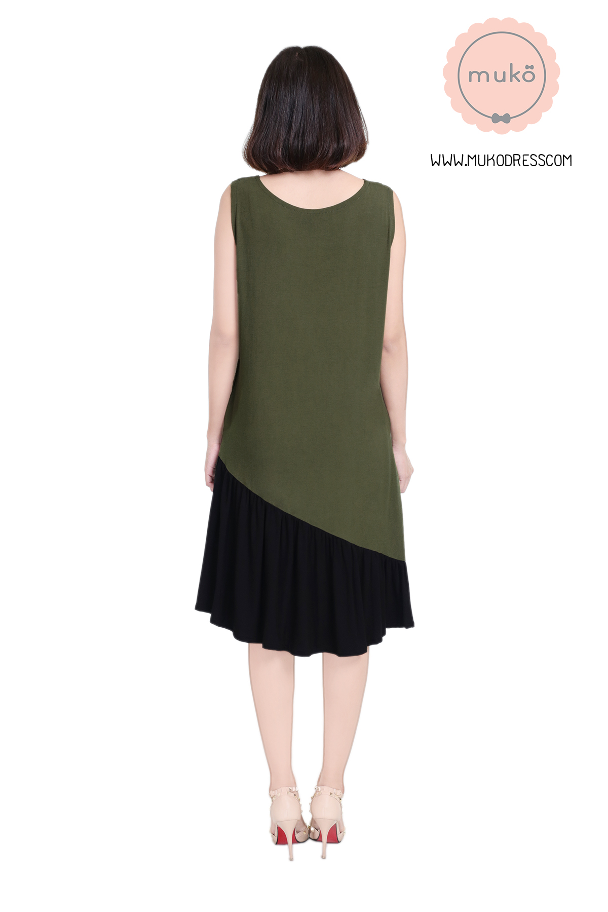 Muko Myla เดรสให้นม คลุมท้อง DR23-014 เขียวขี้ม้า-ดำ