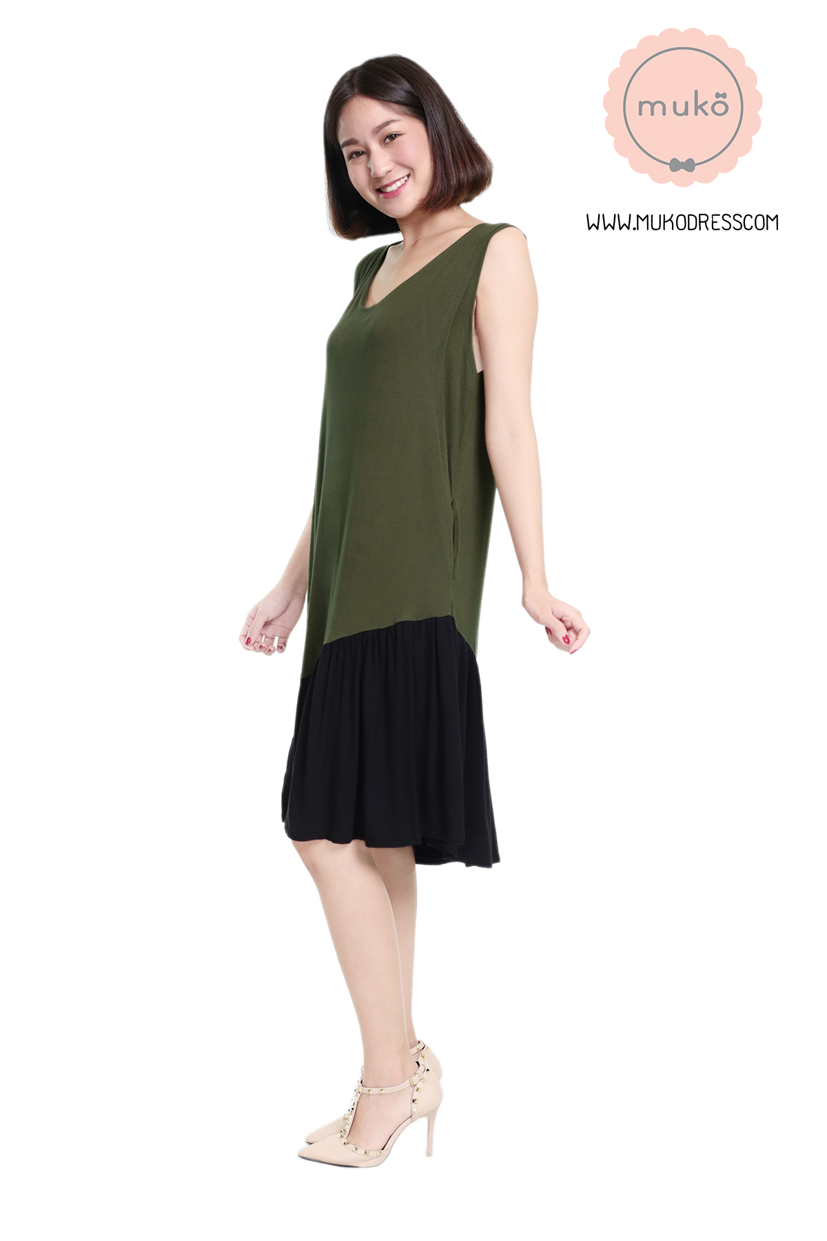 Muko Myla เดรสให้นม คลุมท้อง DR23-014 เขียวขี้ม้า-ดำ