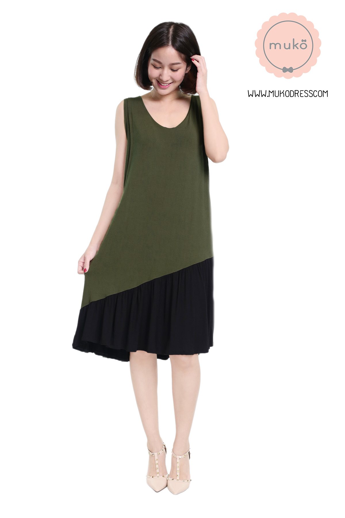 Muko Myla เดรสให้นม คลุมท้อง DR23-014 เขียวขี้ม้า-ดำ