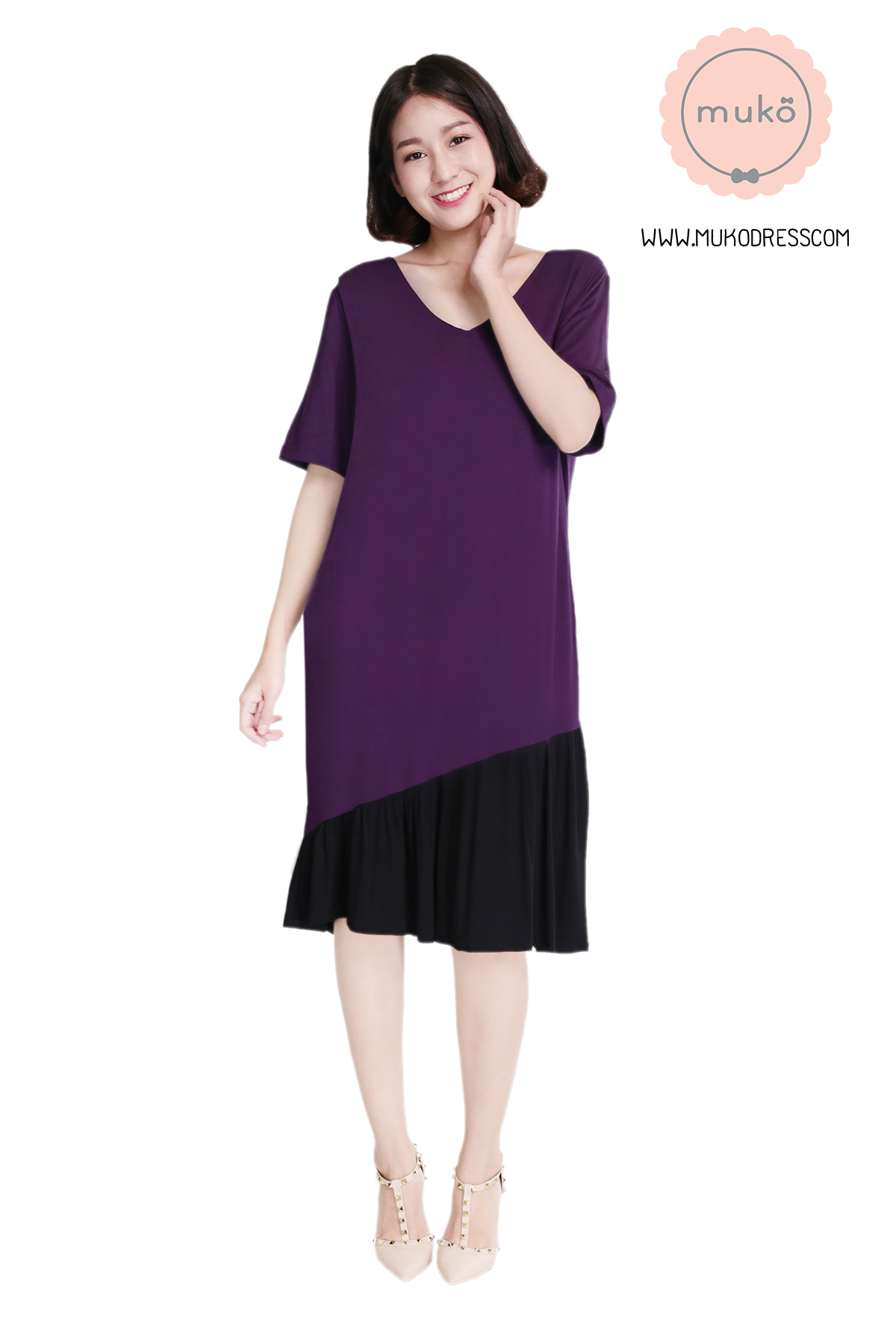 Muko Marlie เดรสให้นม คลุมท้อง DR24-001 ม่วง-ดำ