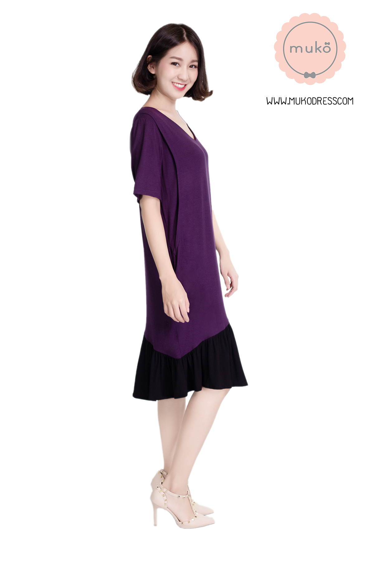 Muko Marlie เดรสให้นม คลุมท้อง DR24-001 ม่วง-ดำ