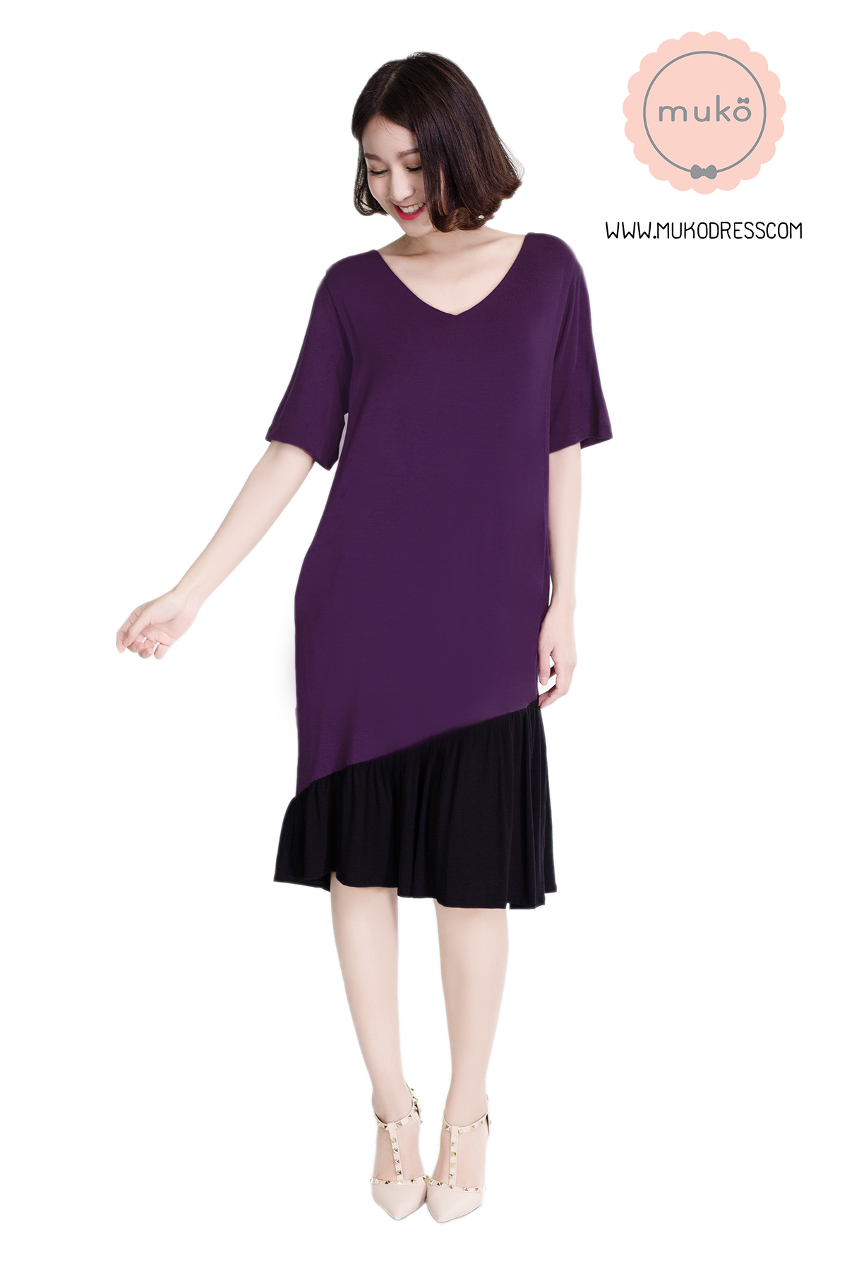 Muko Marlie เดรสให้นม คลุมท้อง DR24-001 ม่วง-ดำ