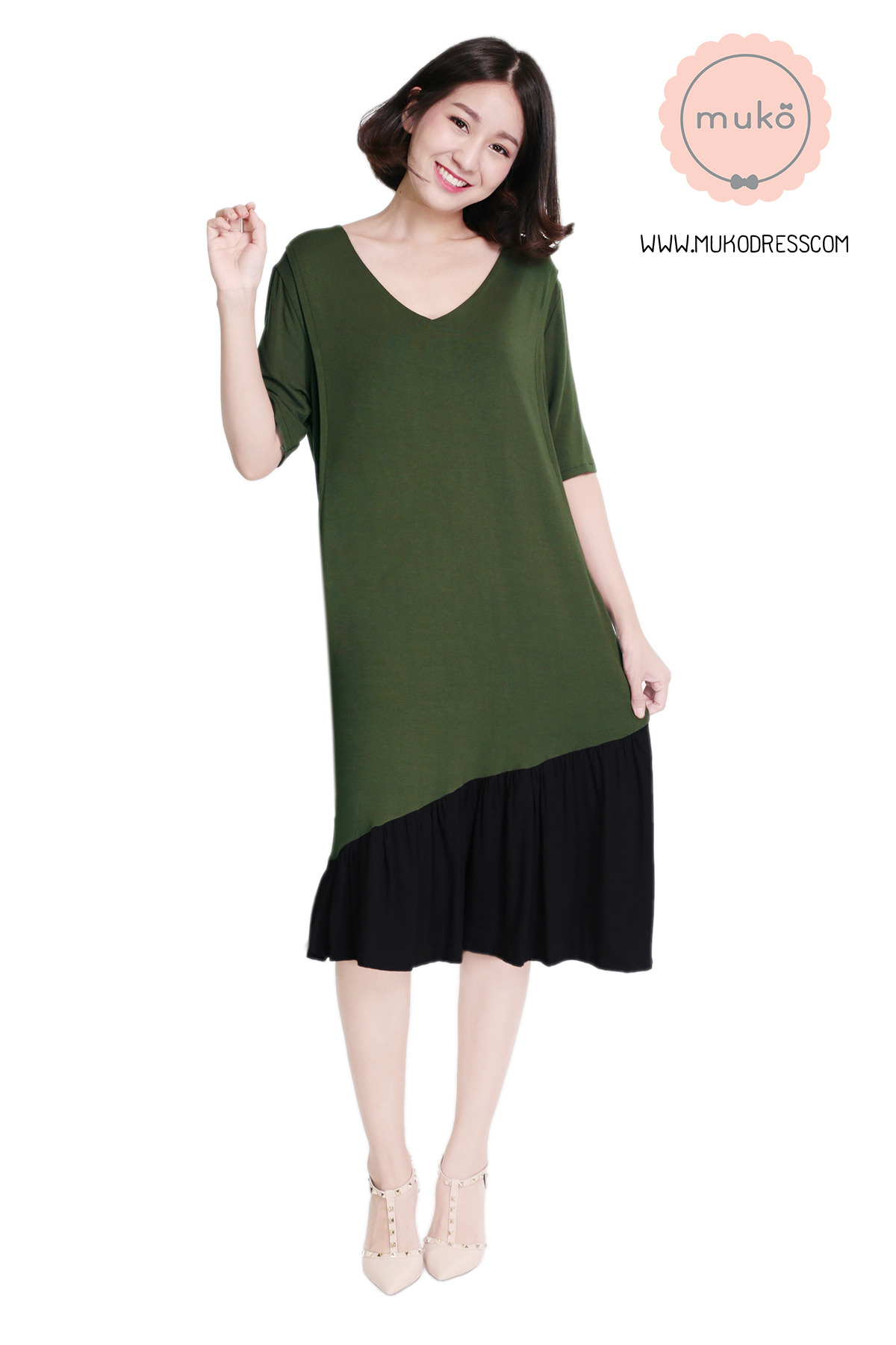 Muko Marlie เดรสให้นม คลุมท้อง DR24-005 เขียวขี้ม้า-ดำ