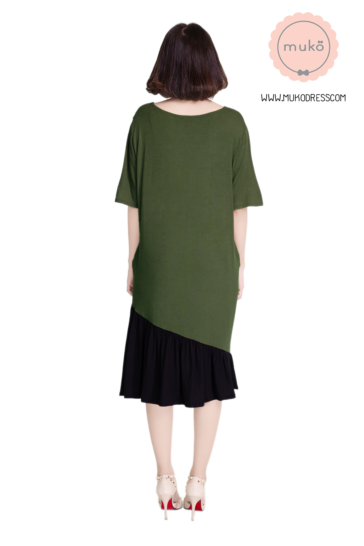 Muko Marlie เดรสให้นม คลุมท้อง DR24-005 เขียวขี้ม้า-ดำ