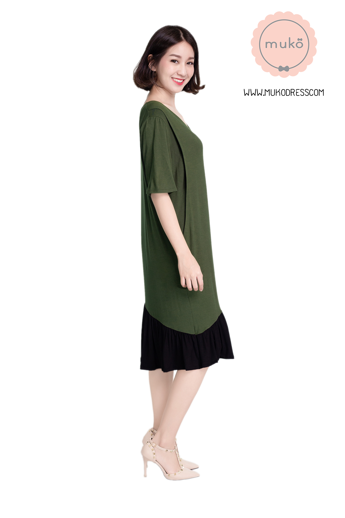 Muko Marlie เดรสให้นม คลุมท้อง DR24-005 เขียวขี้ม้า-ดำ