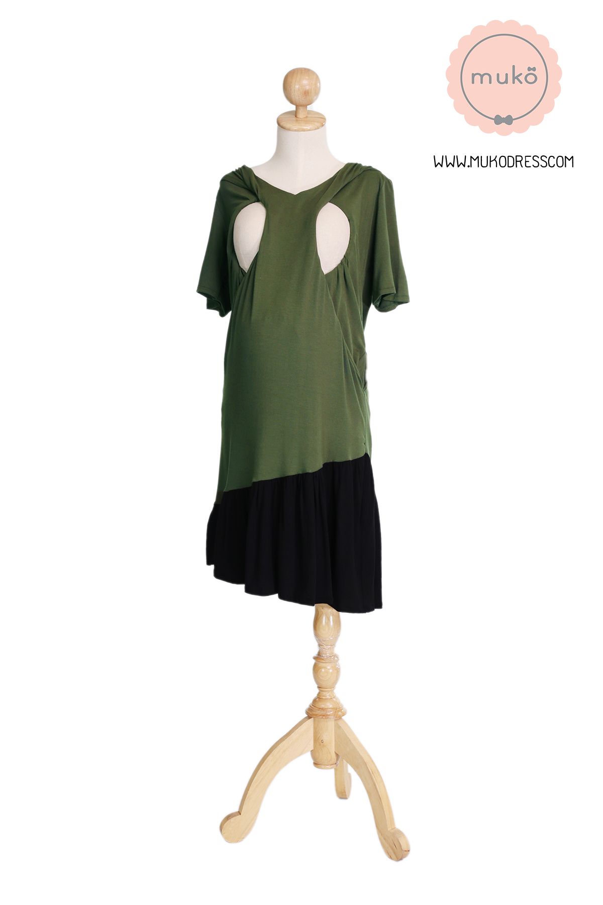 Muko Marlie เดรสให้นม คลุมท้อง DR24-005 เขียวขี้ม้า-ดำ