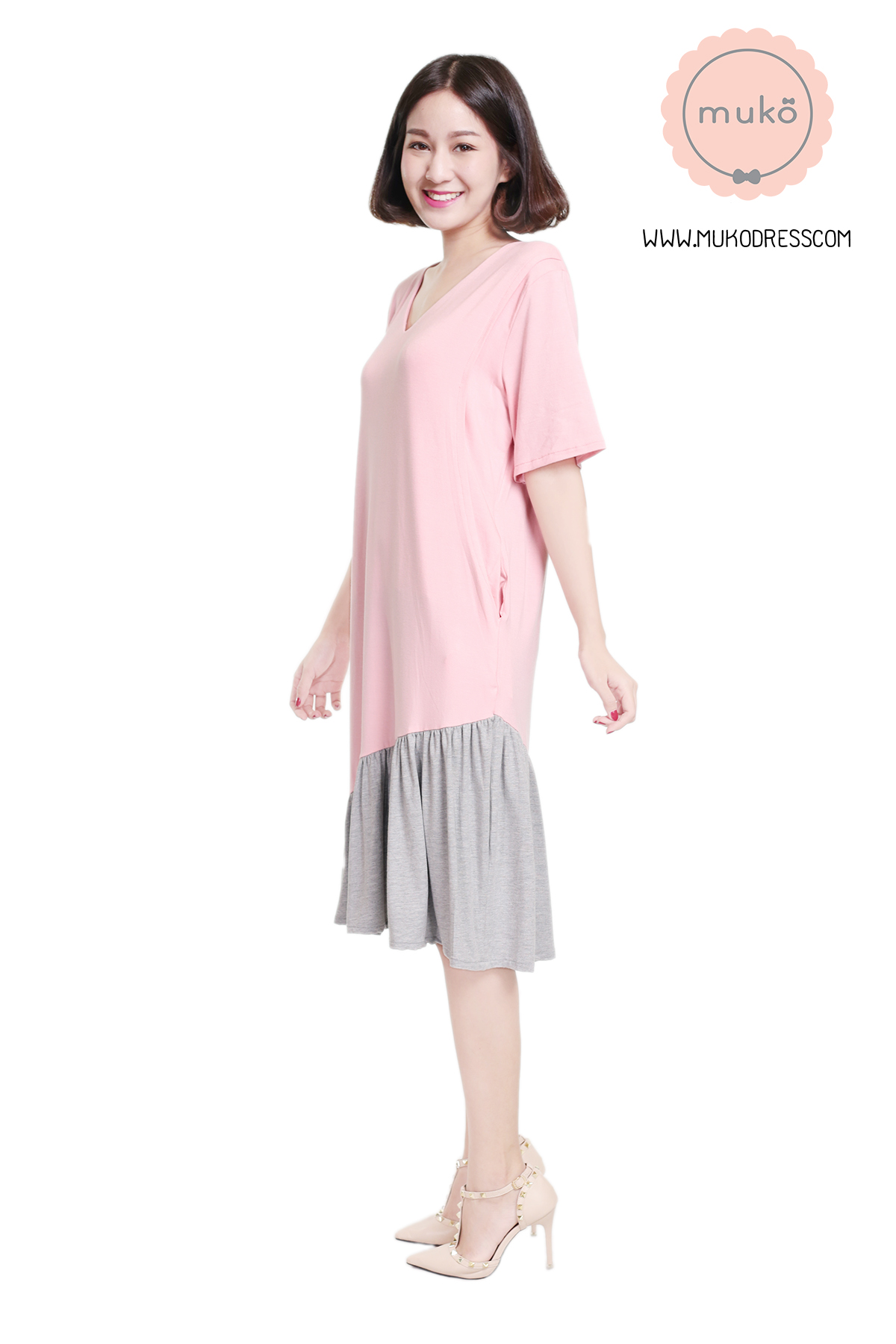 Muko Marlie เดรสให้นม คลุมท้อง DR24-007 ชมพู-เทาอ่อน
