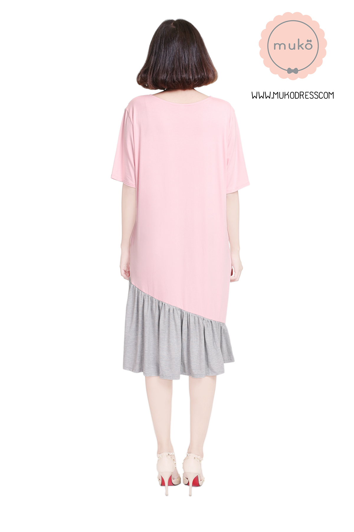 Muko Marlie เดรสให้นม คลุมท้อง DR24-007 ชมพู-เทาอ่อน