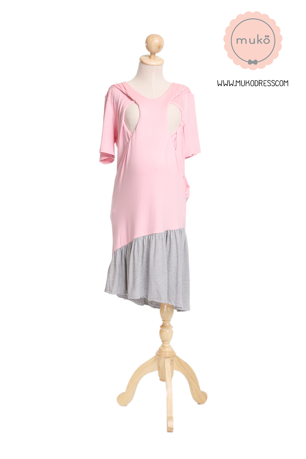 Muko Marlie เดรสให้นม คลุมท้อง DR24-007 ชมพู-เทาอ่อน