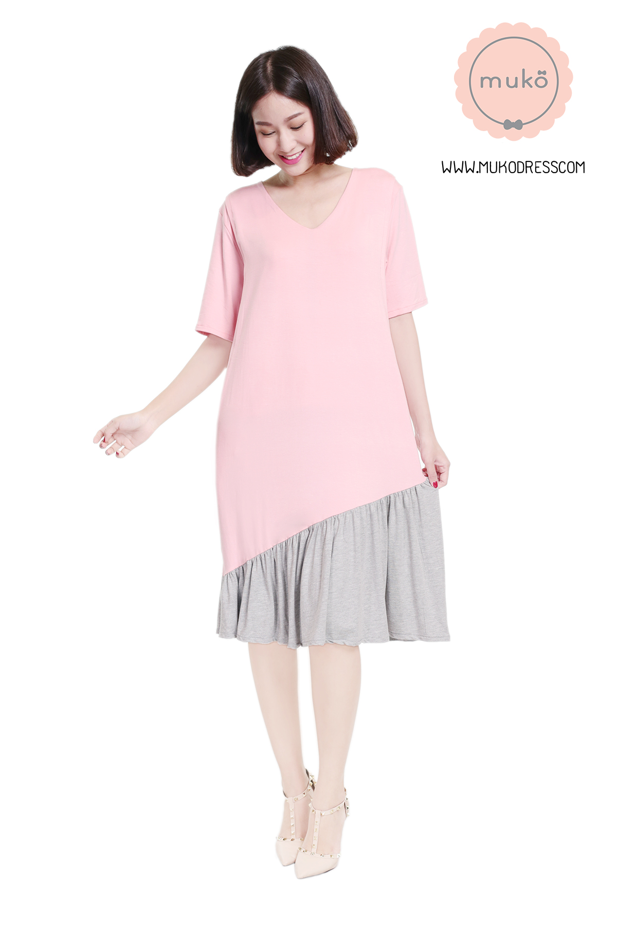 Muko Marlie เดรสให้นม คลุมท้อง DR24-007 ชมพู-เทาอ่อน