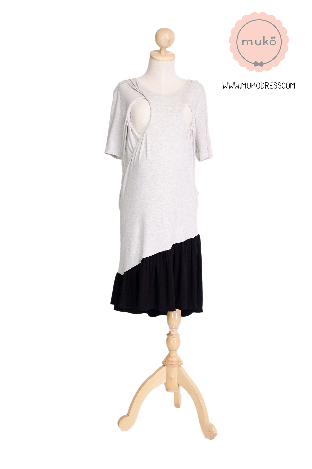 Muko Marlie เดรสให้นม คลุมท้อง DR24-010 เทาอ่อนมาก-ดำ