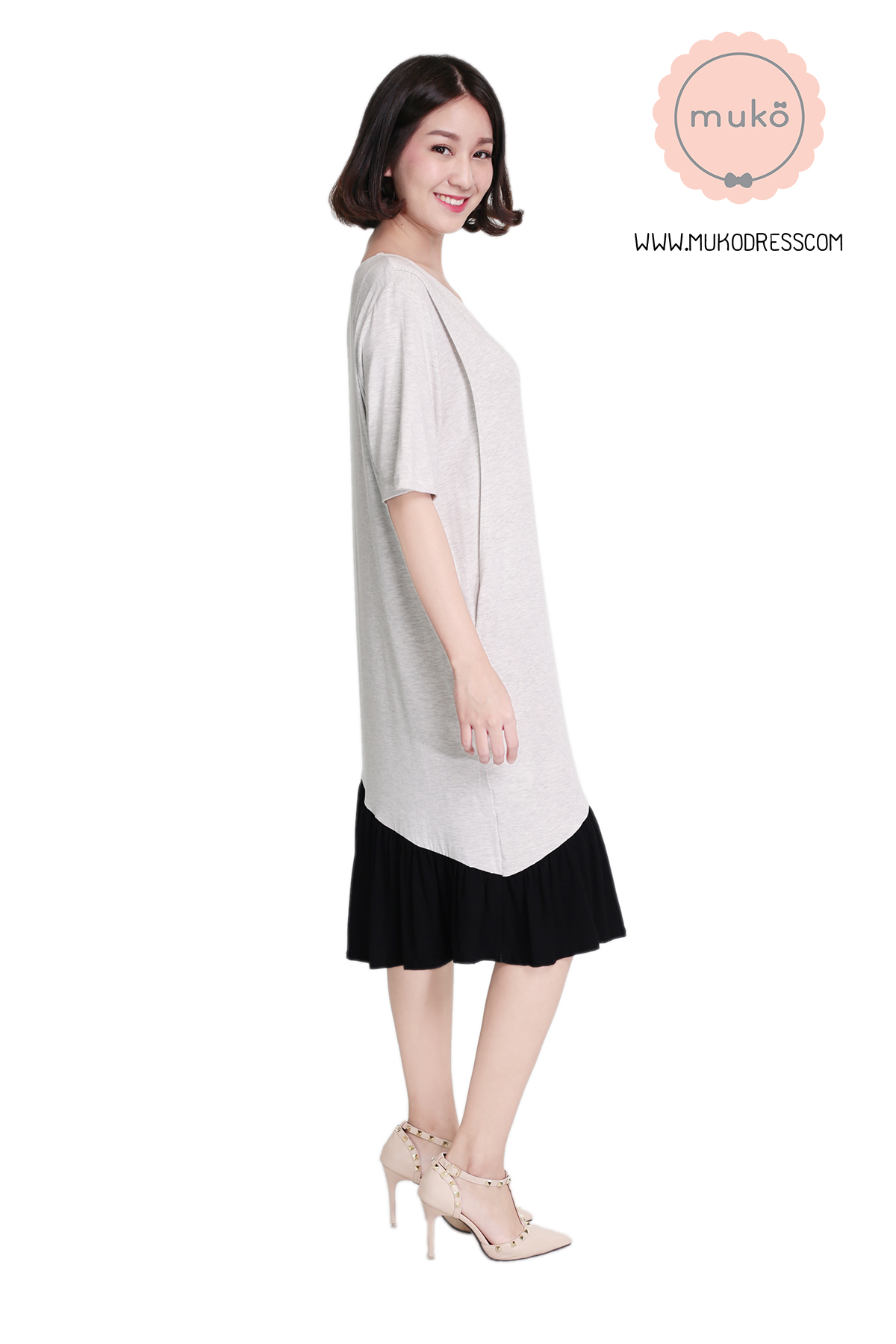 Muko Marlie เดรสให้นม คลุมท้อง DR24-010 เทาอ่อนมาก-ดำ