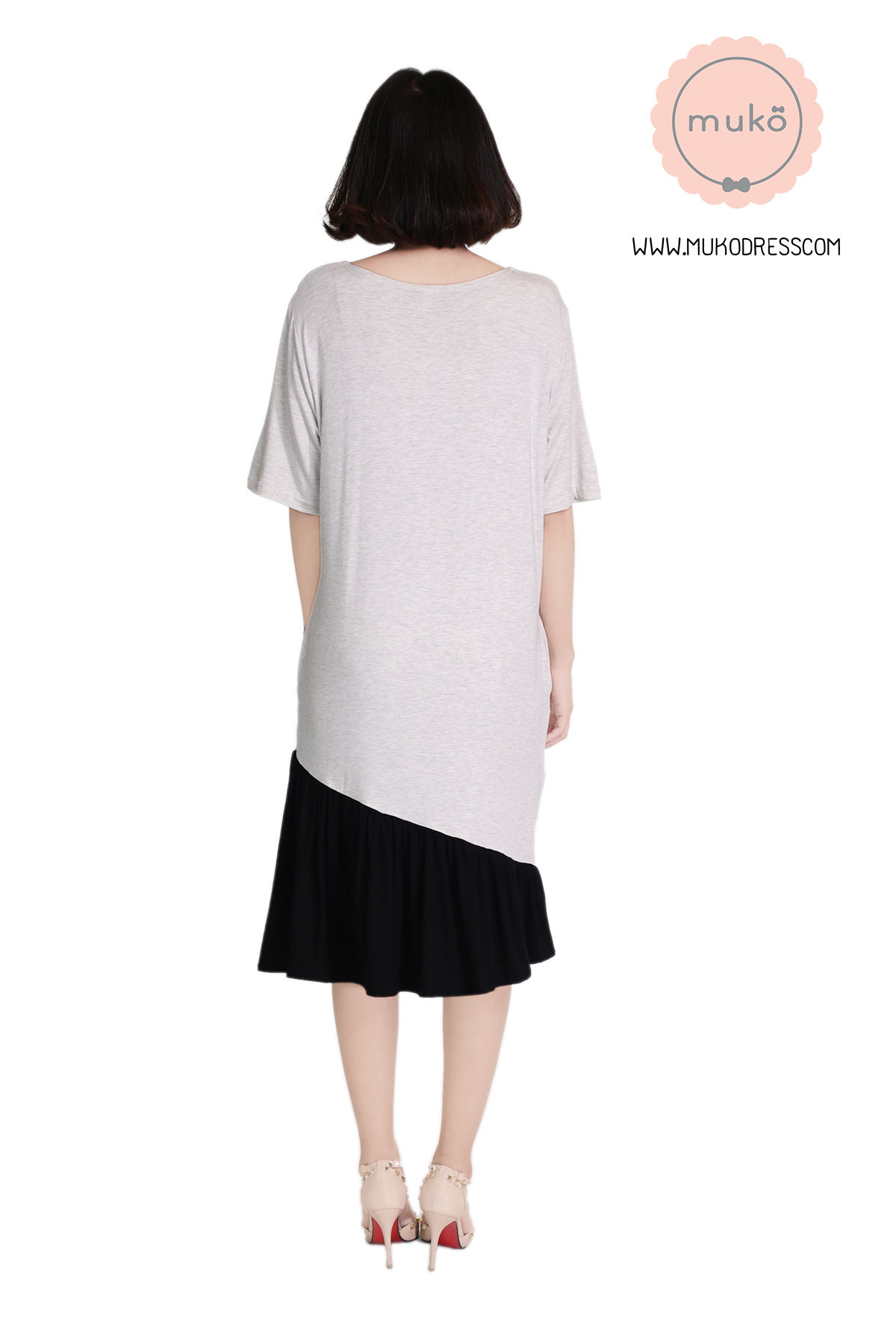 Muko Marlie เดรสให้นม คลุมท้อง DR24-010 เทาอ่อนมาก-ดำ