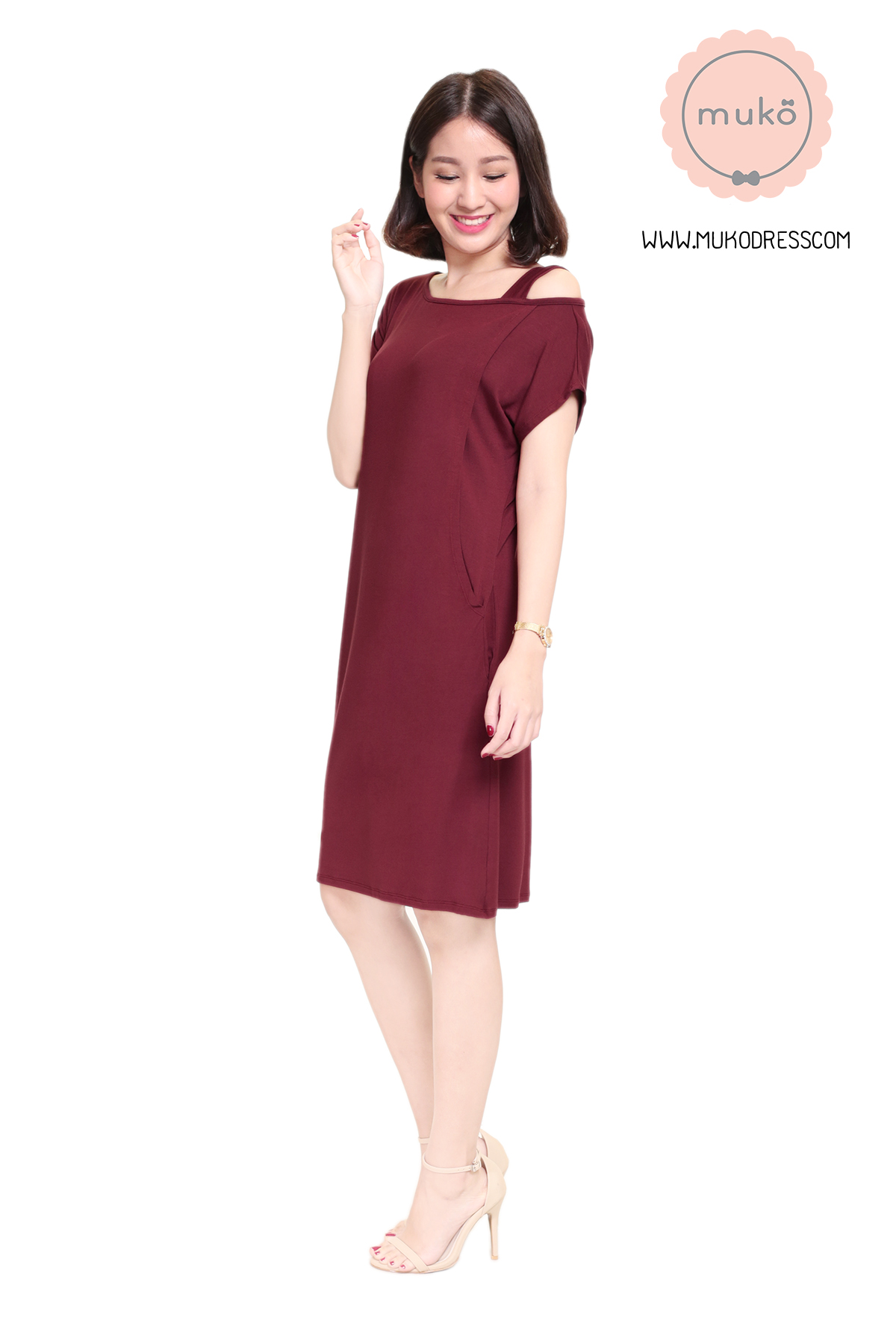Muko Butter Scott เดรสให้นม คลุมท้อง DR25-002 แดงเลือดหมู